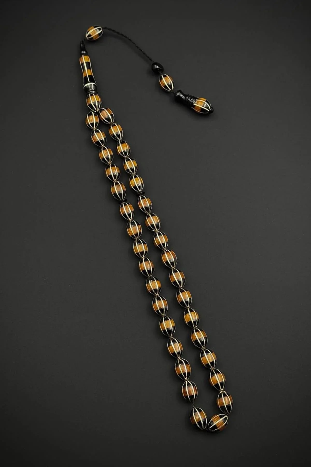 FRNCH 925 Ayar Gümüş İşlemeli Oltu Taşlı Kahverengi Renk Tesbih FRJ80005-105-K2