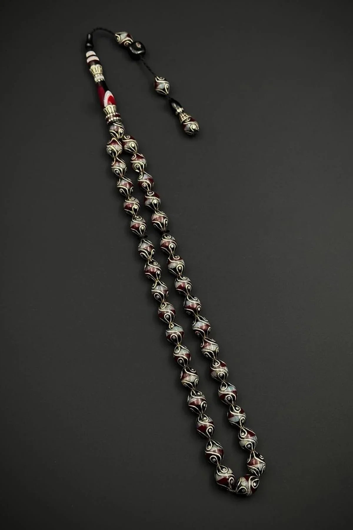 FRNCH 925 Ayar Gümüş İşlemeli Oltu Taşlı Kırmızı Renk Tesbih FRJ80005-105-K5