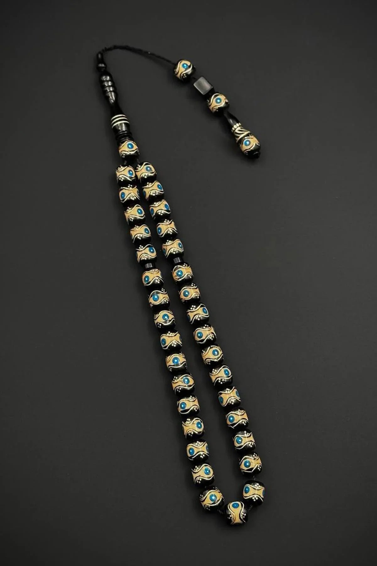 FRNCH 925 Ayar Gümüş İşlemeli Oltu Taşlı Mavi-Bej Renk Tesbih FRJ80005-105-MA