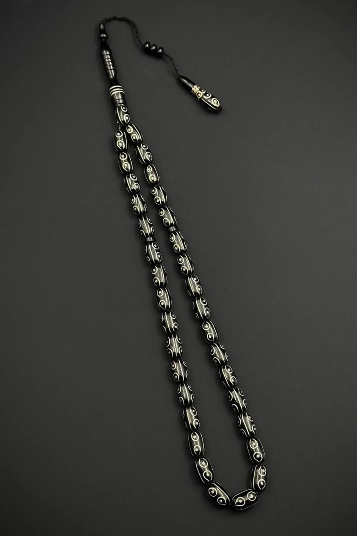 FRNCH 925 Ayar Gümüş İşlemeli Oltu Taşlı Siyah Renk Tesbih FRJ80005-105-S3