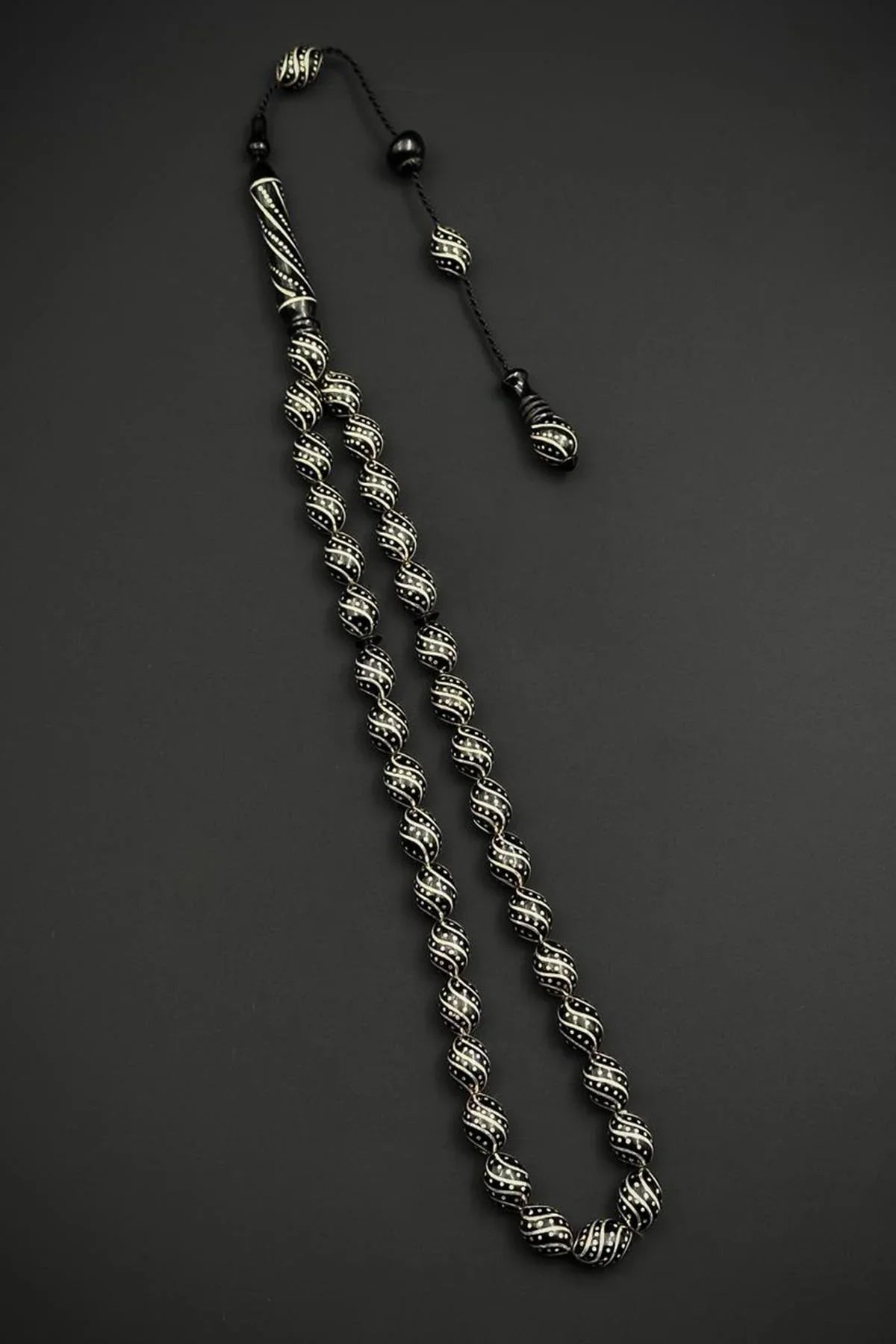 FRNCH 925 Ayar Gümüş İşlemeli Oltu Taşlı Siyah Renk Tesbih FRJ80005-105-S4