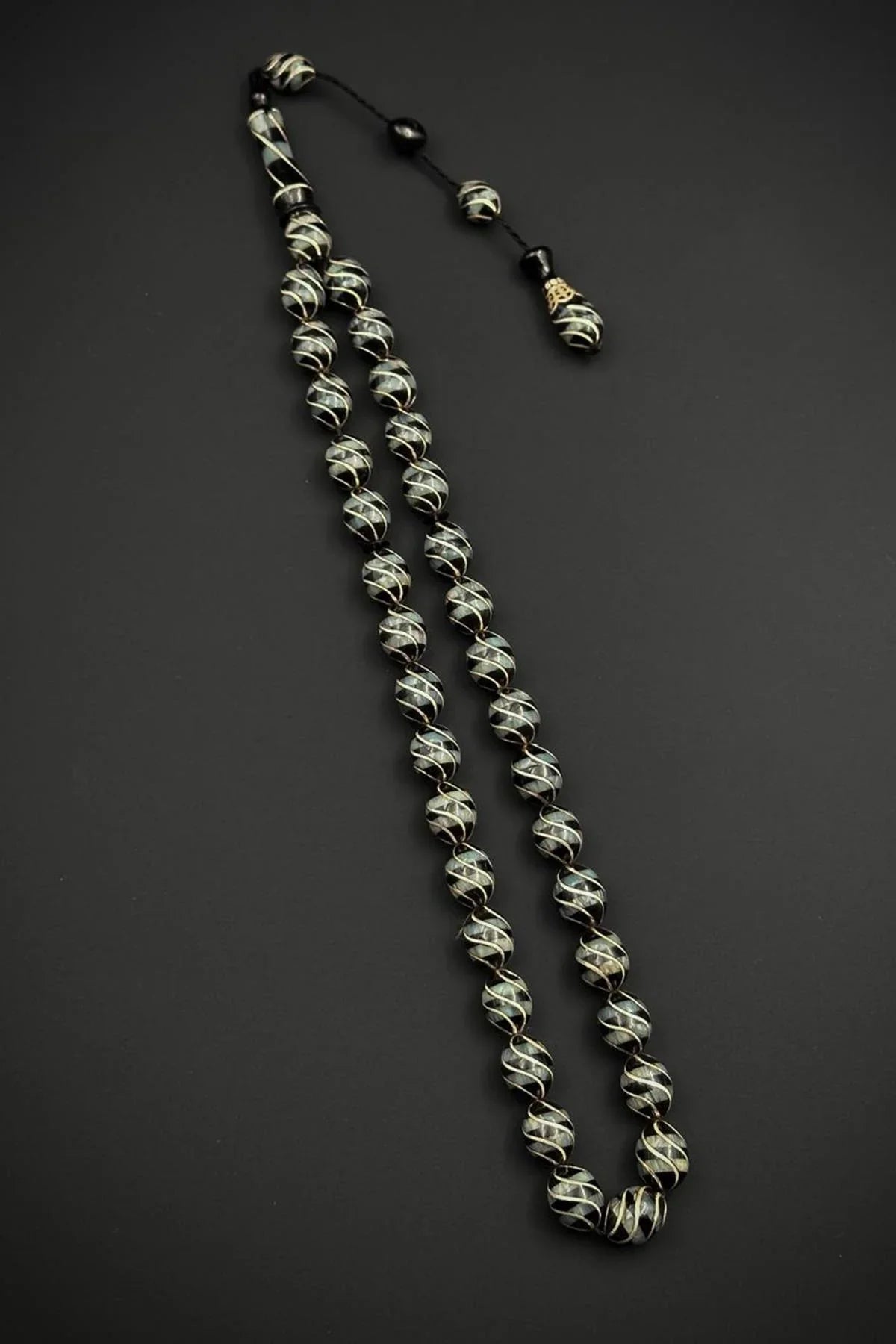 FRNCH 925 Ayar Gümüş İşlemeli Oltu Taşlı Siyah Renk Tesbih FRJ80005-105-S5