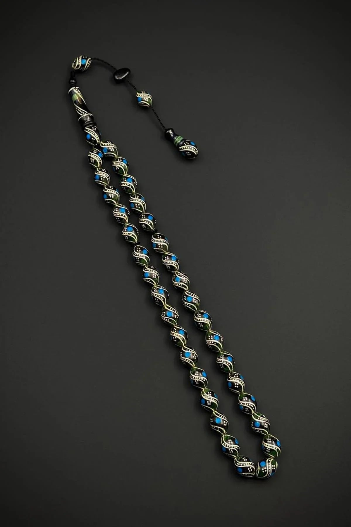 FRNCH 925 Ayar Gümüş İşlemeli Oltu Taşlı Yeşil-Mavi Renk Tesbih FRJ80004-104-MY