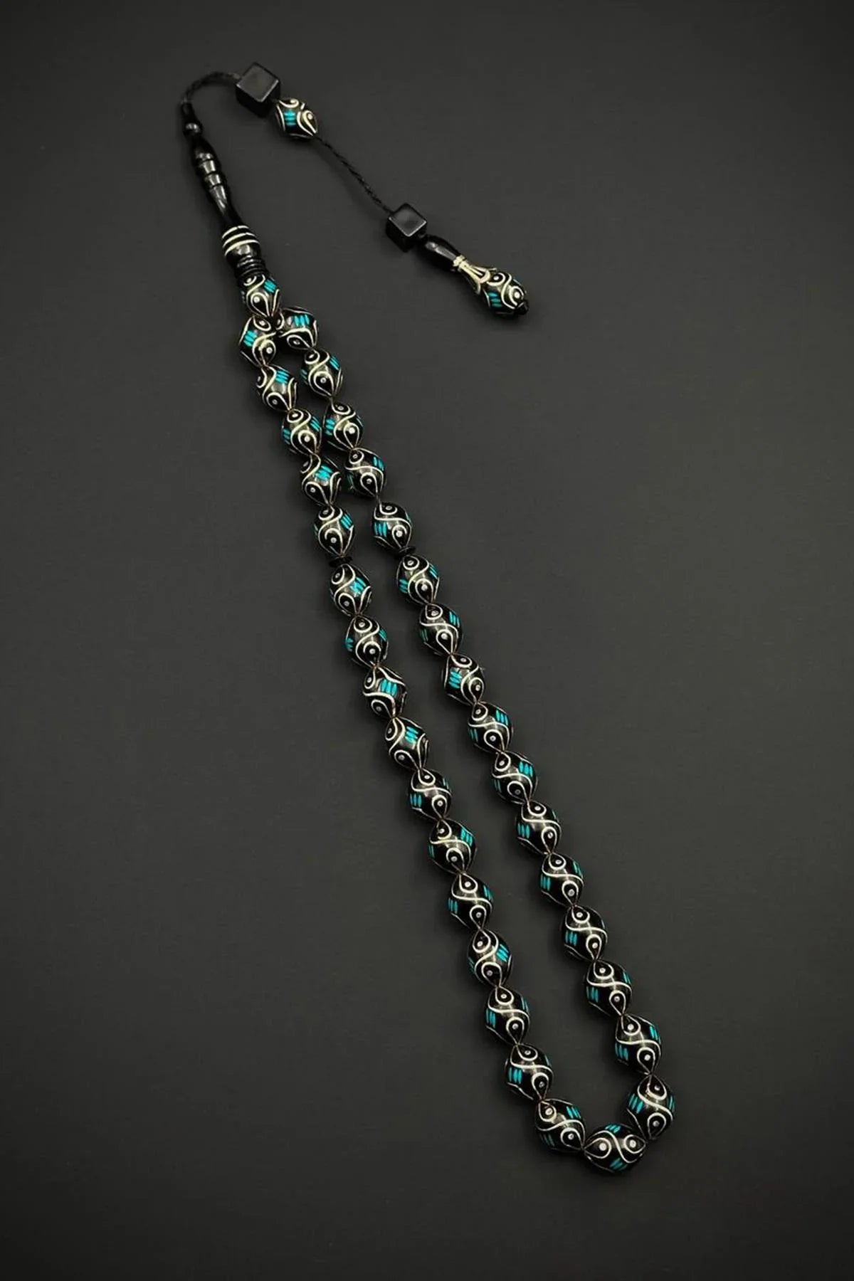 FRNCH 925 Ayar Gümüş İşlemeli Oltu Taşlı Yeşil Renk Tesbih FRJ80005-105-Y2