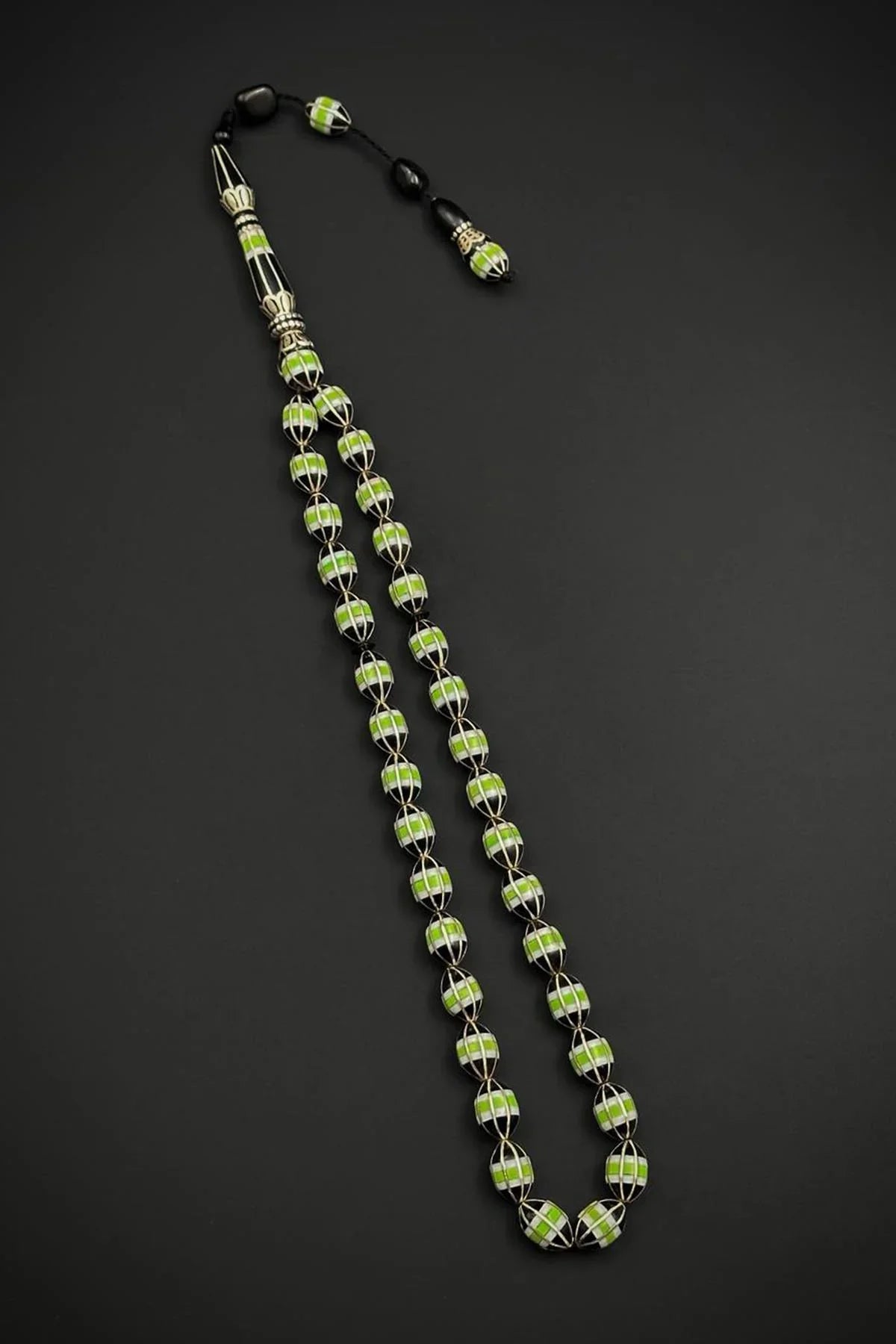 FRNCH 925 Ayar Gümüş İşlemeli Oltu Taşlı Yeşil Renk Tesbih FRJ80005-105-Y3