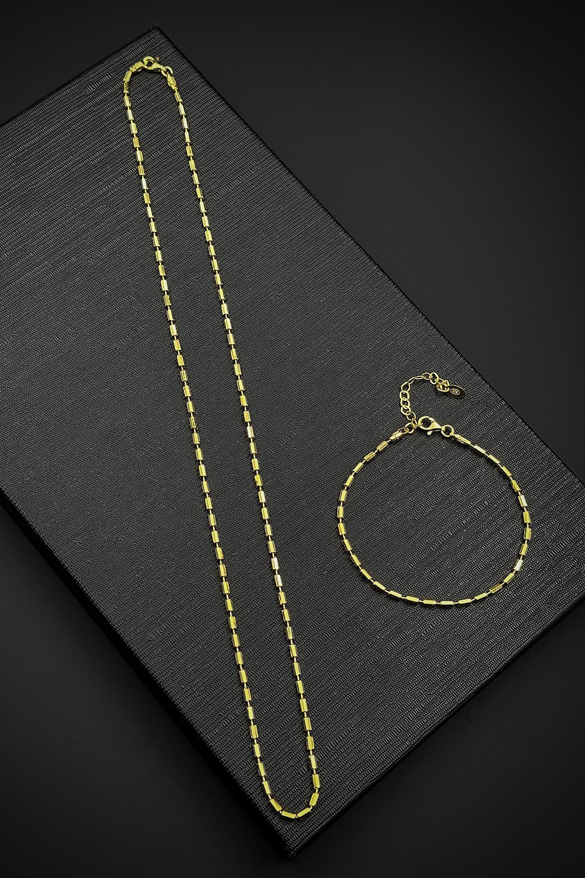 FRNCH 925 Ayar Gümüş İtalyan Model Altın Renk Erkek Bileklik/Kolye Set FRJ12608-3608-G