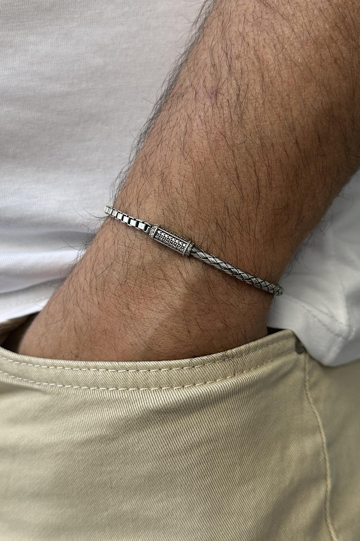 FRNCH 925 Ayar Gümüş İtalyan Model Beyaz Zirkon Taşlı Gümüş Renk Erkek Bileklik FRJ12228-3228-B