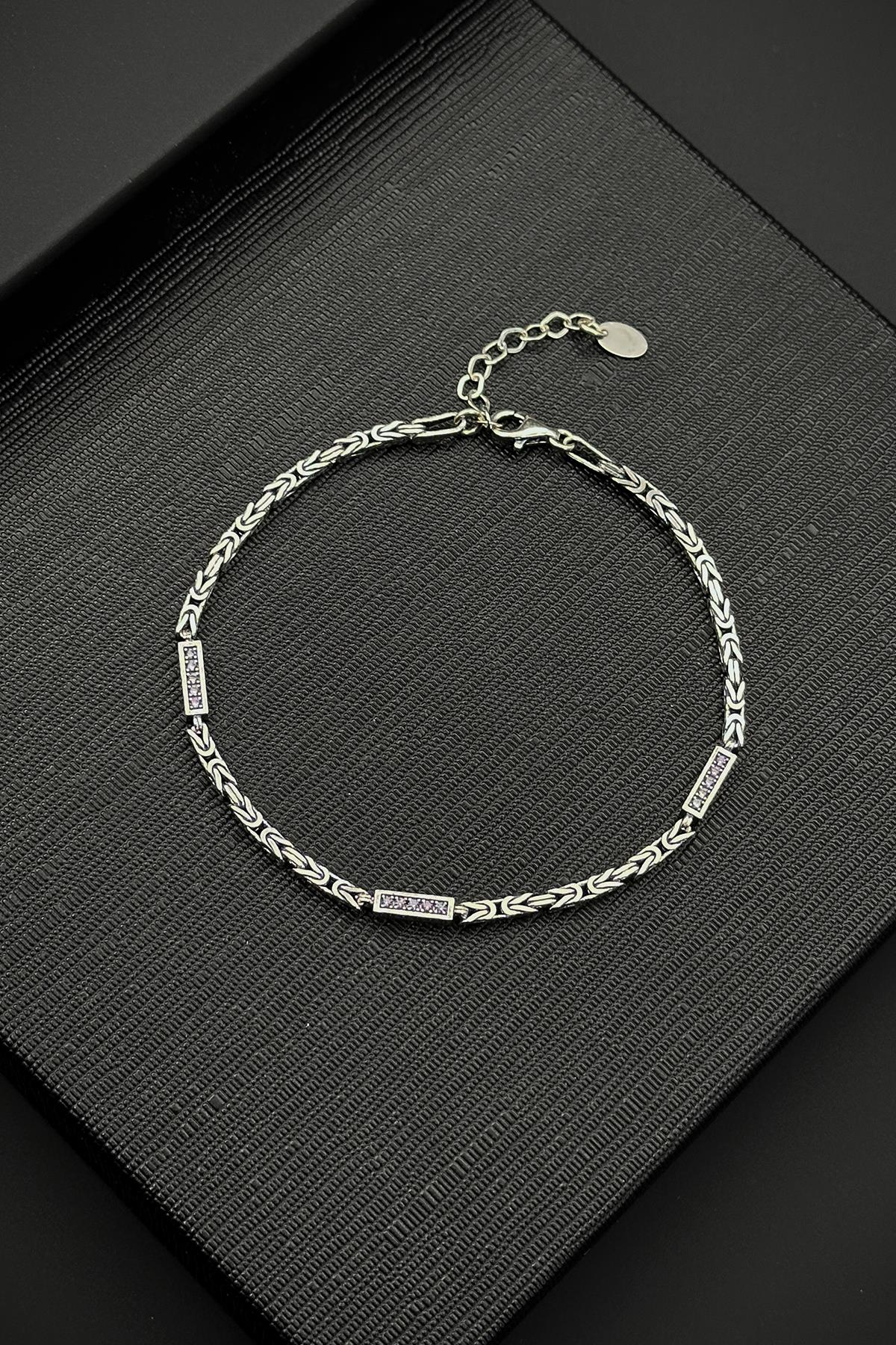 FRNCH 925 Ayar Gümüş İtalyan Model Beyaz Zirkon Taşlı Gümüş Renk Erkek Bileklik FRJ12476-3476-A