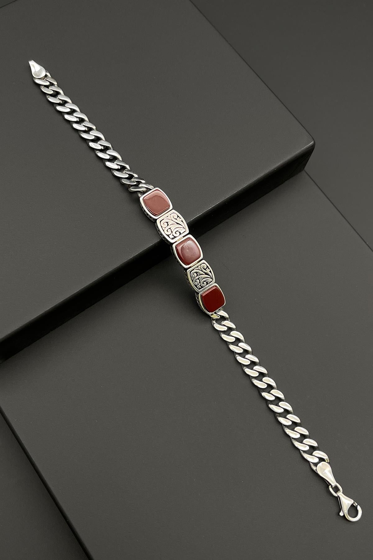 FRNCH 925 Ayar Gümüş İtalyan Model Bordo Renkli Erkek Bileklik FRJ11943-2043-B