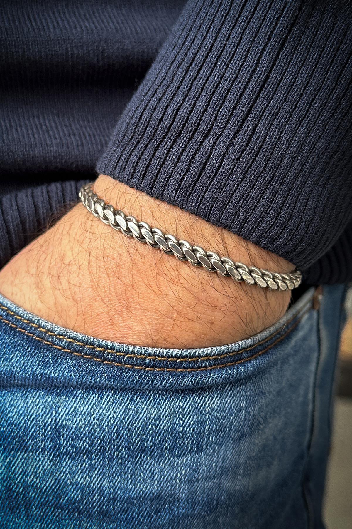 FRNCH 925 Ayar Gümüş İtalyan Model Gümüş Renk Erkek Bileklik FRJ12068-3068-A