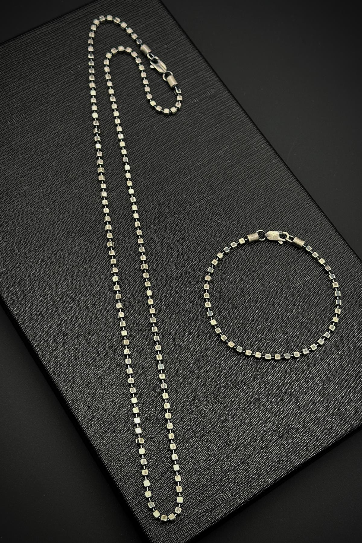 FRNCH 925 Ayar Gümüş İtalyan Model Gümüş Renk Erkek Bileklik/Kolye Set FRJ12180-3180-A