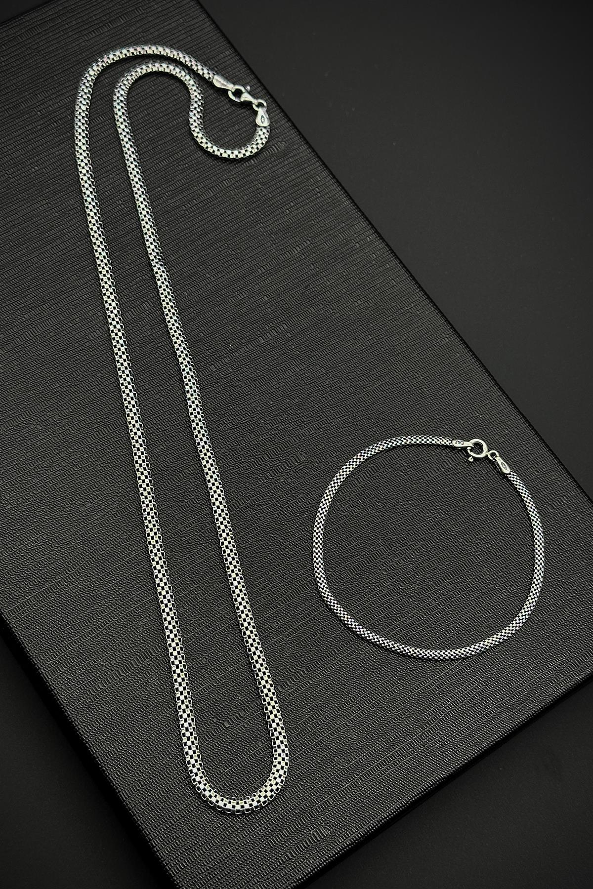 FRNCH 925 Ayar Gümüş İtalyan Model Gümüş Renk Erkek Bileklik/Kolye Set FRJ12219-3219-A