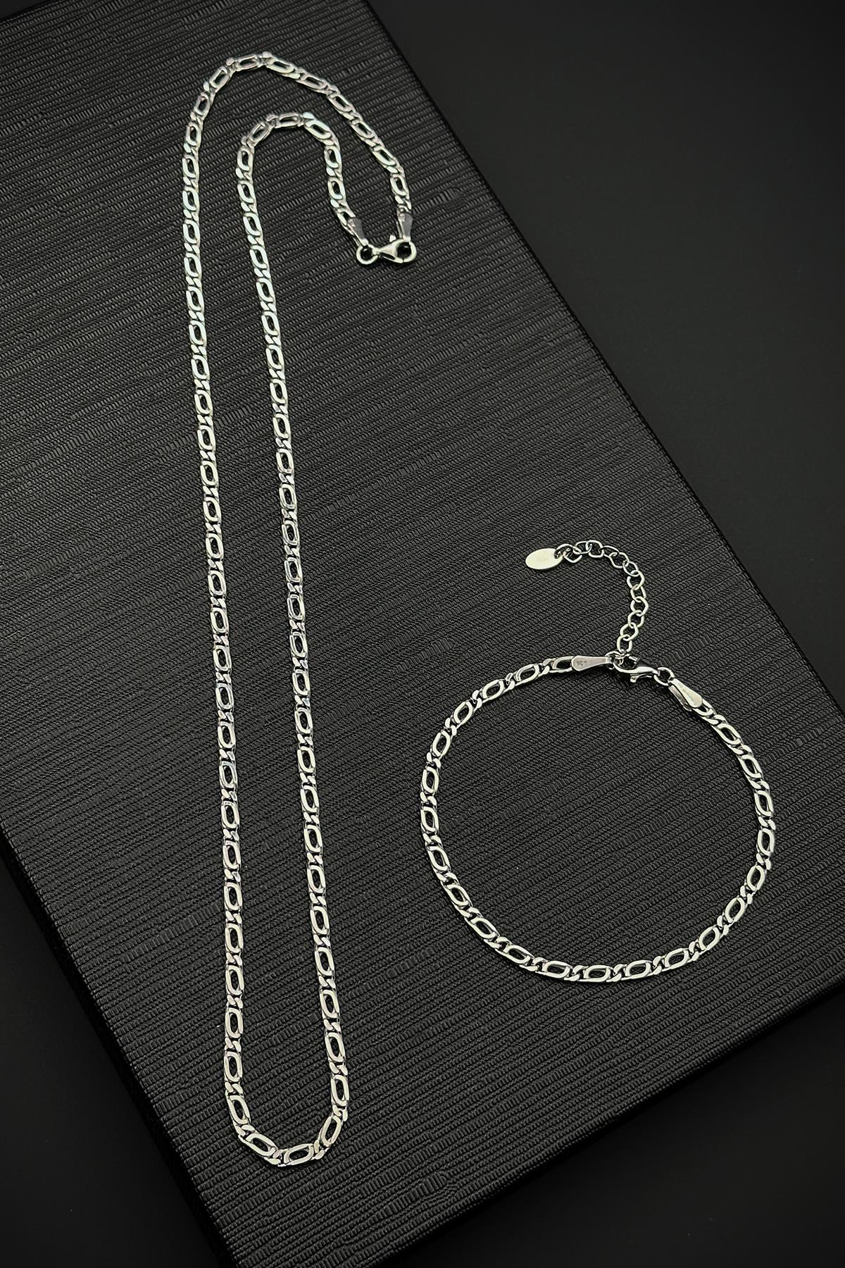 FRNCH 925 Ayar Gümüş İtalyan Model Gümüş Renk Erkek Bileklik/Kolye Set FRJ12468-3468-A