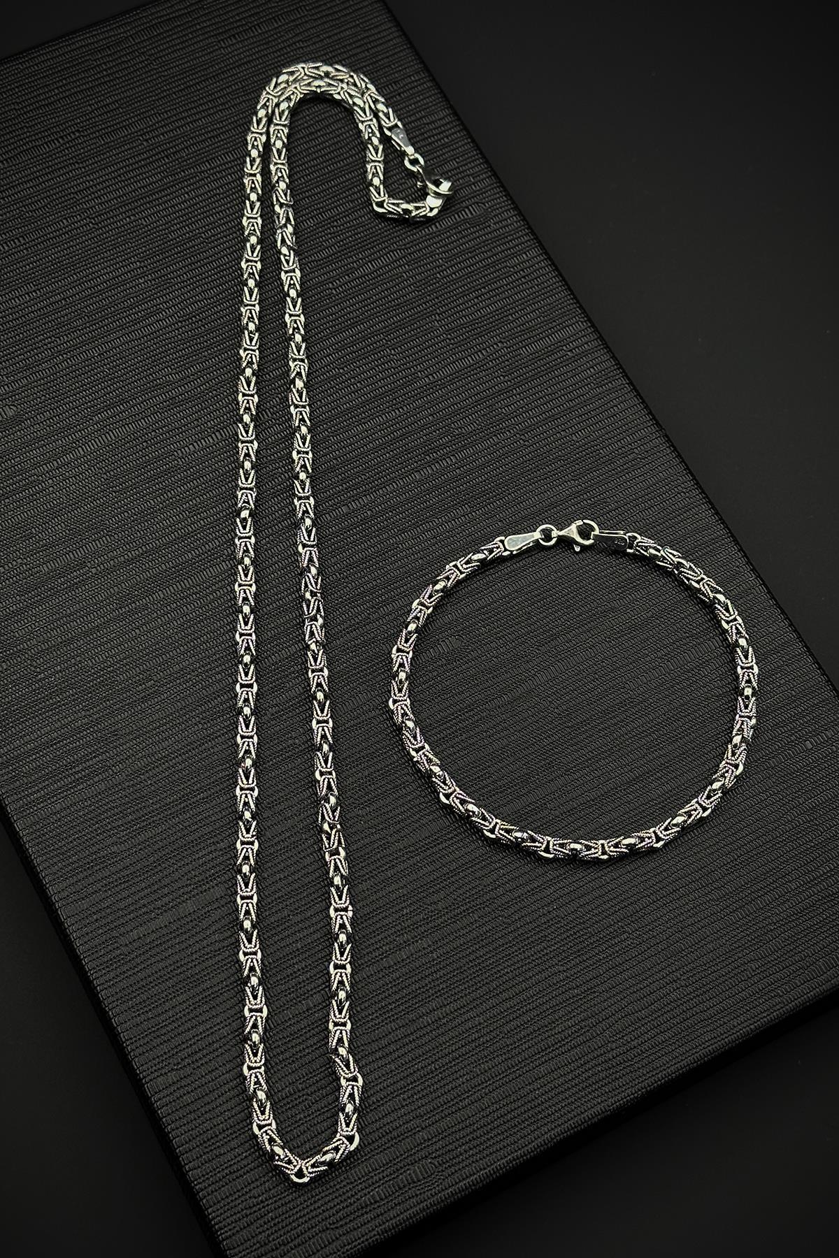 FRNCH 925 Ayar Gümüş İtalyan Model Gümüş Renk Erkek Bileklik/Kolye Set FRJ12472-3472-A