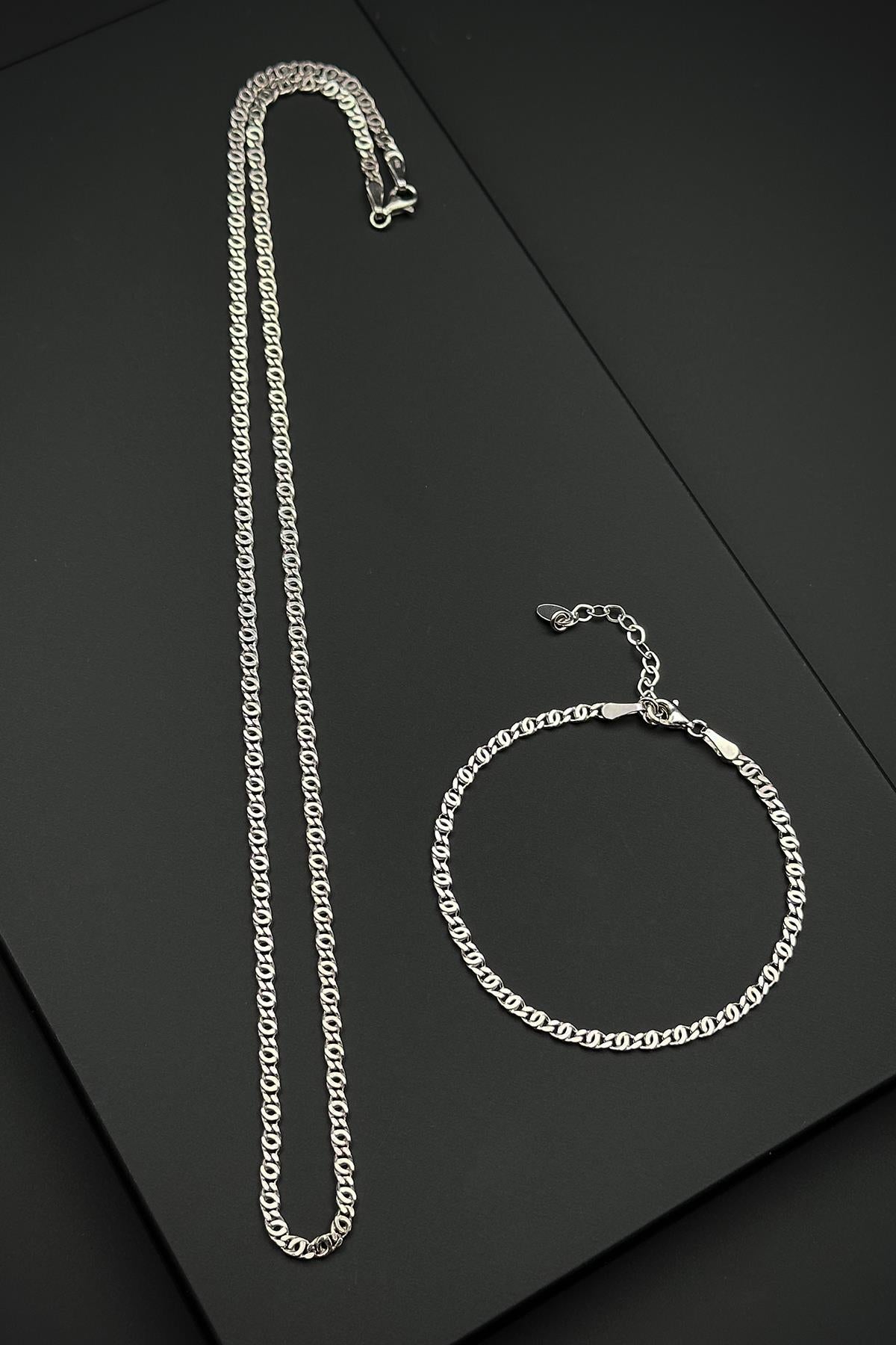 FRNCH 925 Ayar Gümüş İtalyan Model Gümüş Renk Erkek Bileklik/Kolye Set FRJ12516-3516-A