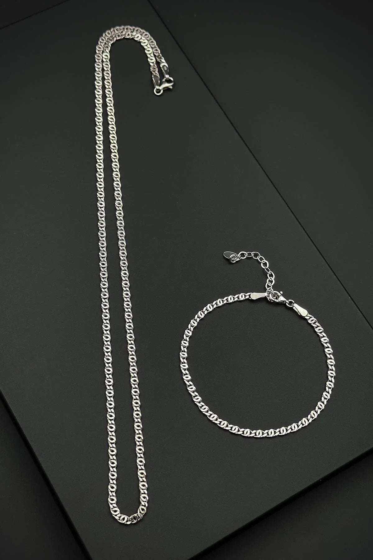 FRNCH 925 Ayar Gümüş İtalyan Model Gümüş Renk Erkek Bileklik/Kolye Set FRJ12516-3516-A