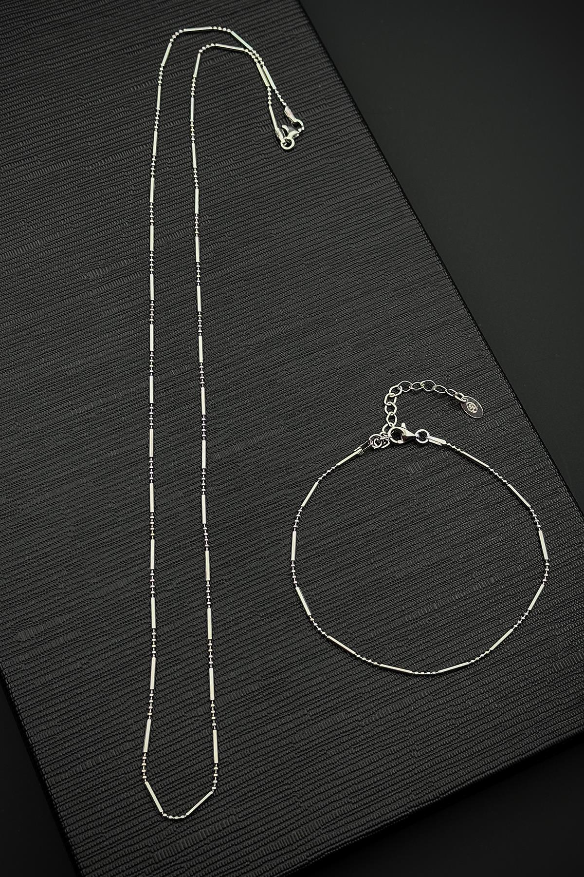 FRNCH 925 Ayar Gümüş İtalyan Model Gümüş Renk Erkek Bileklik/Kolye Set FRJ12524-3524-A