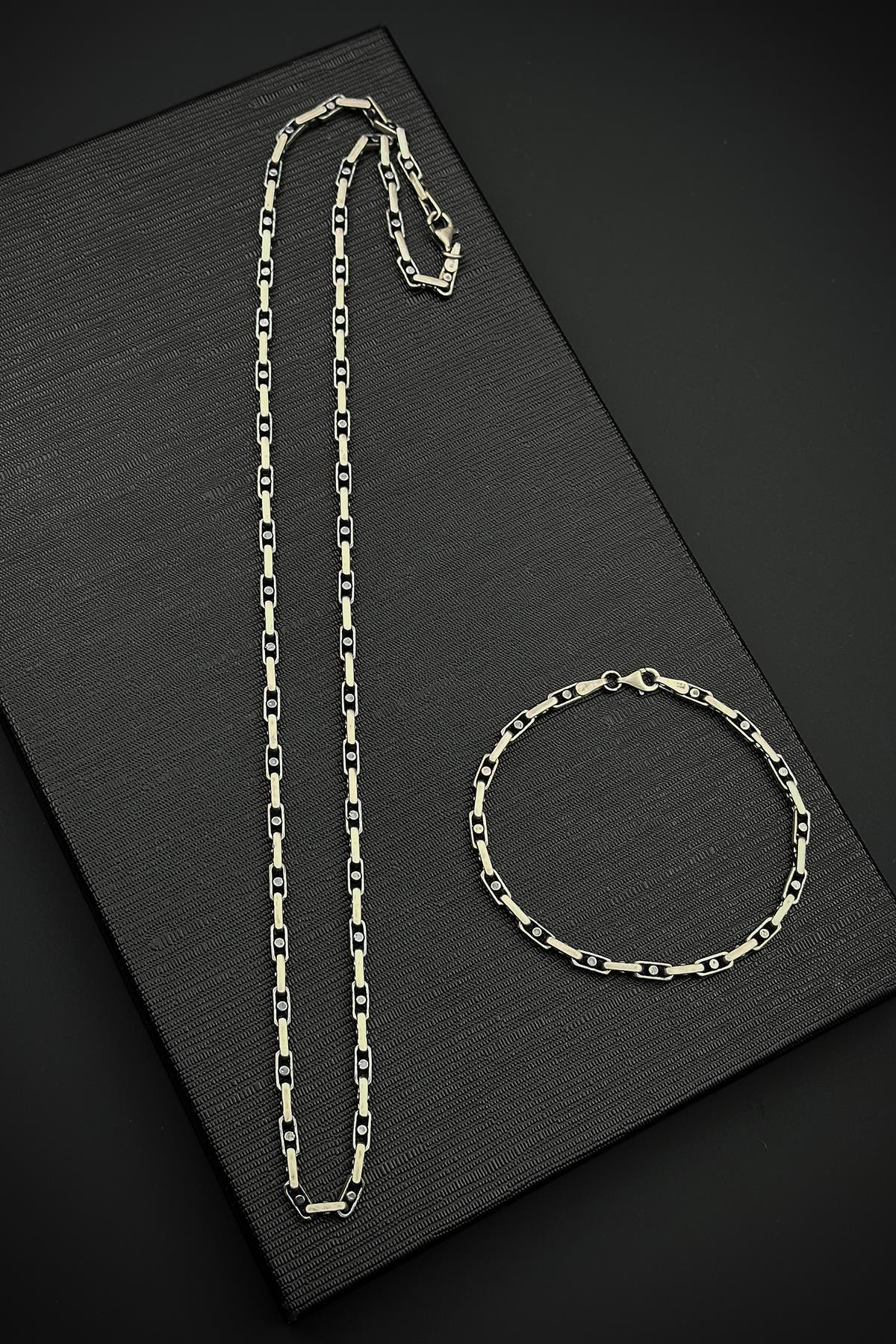 FRNCH 925 Ayar Gümüş İtalyan Model Gümüş Renk Erkek Bileklik/Kolye Set FRJ12548-3548-A