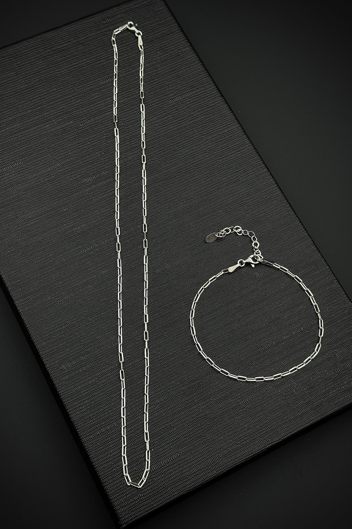 FRNCH 925 Ayar Gümüş İtalyan Model Gümüş Renk Erkek Bileklik/Kolye Set FRJ12550-3550-A