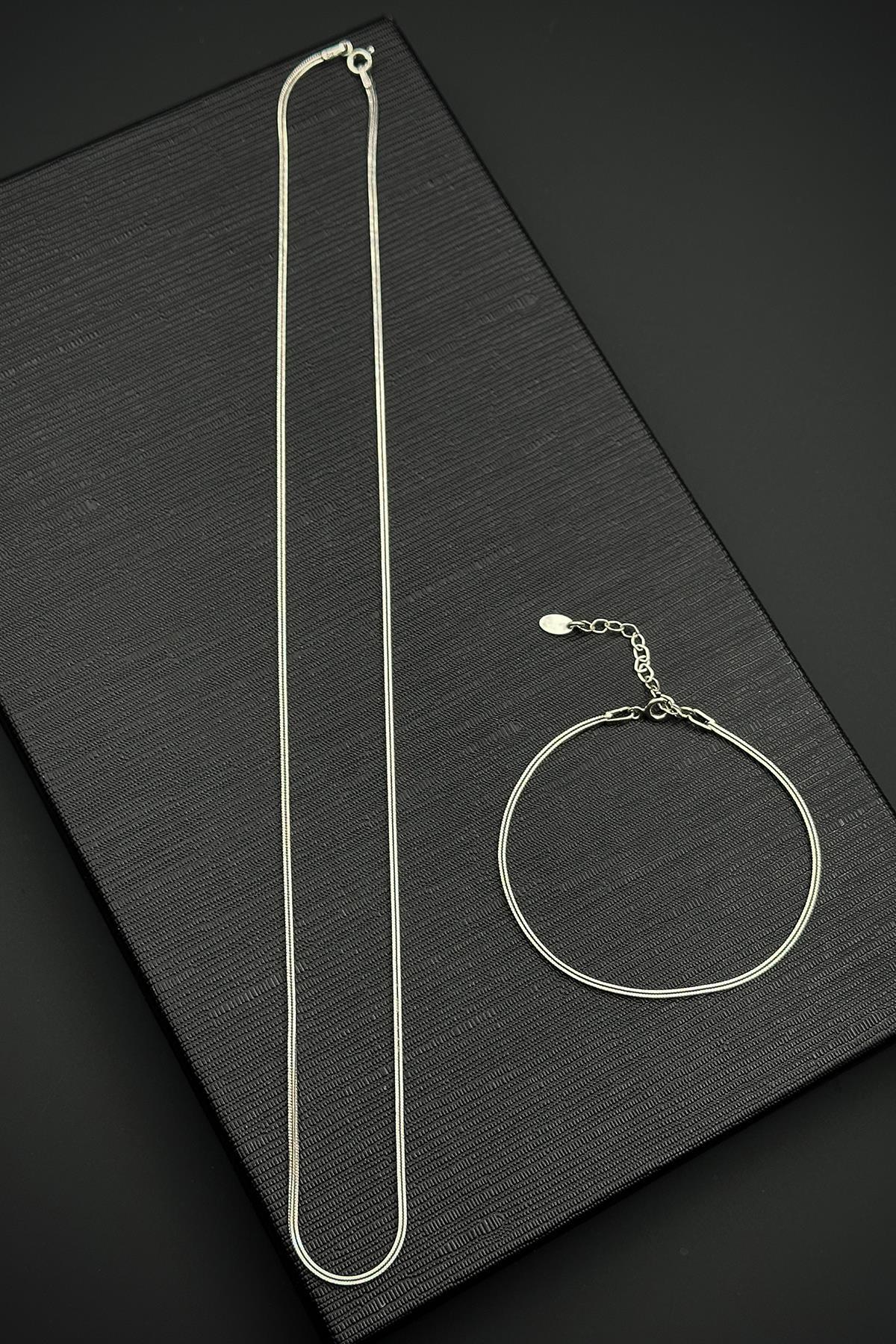 FRNCH 925 Ayar Gümüş İtalyan Model Gümüş Renk Erkek Bileklik/Kolye Set FRJ12563-3563-A