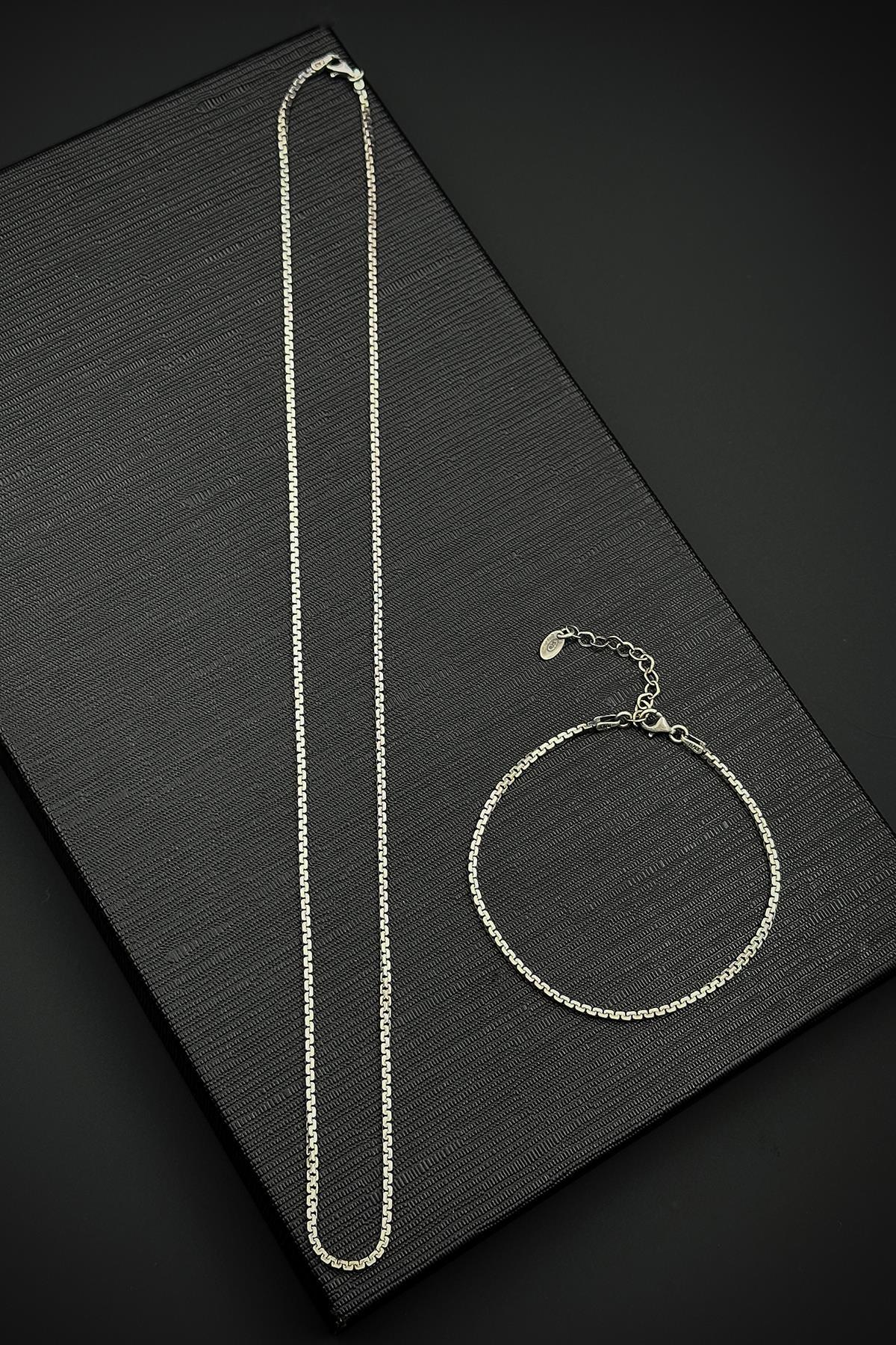 FRNCH 925 Ayar Gümüş İtalyan Model Gümüş Renk Erkek Bileklik/Kolye Set FRJ12576-3576-A