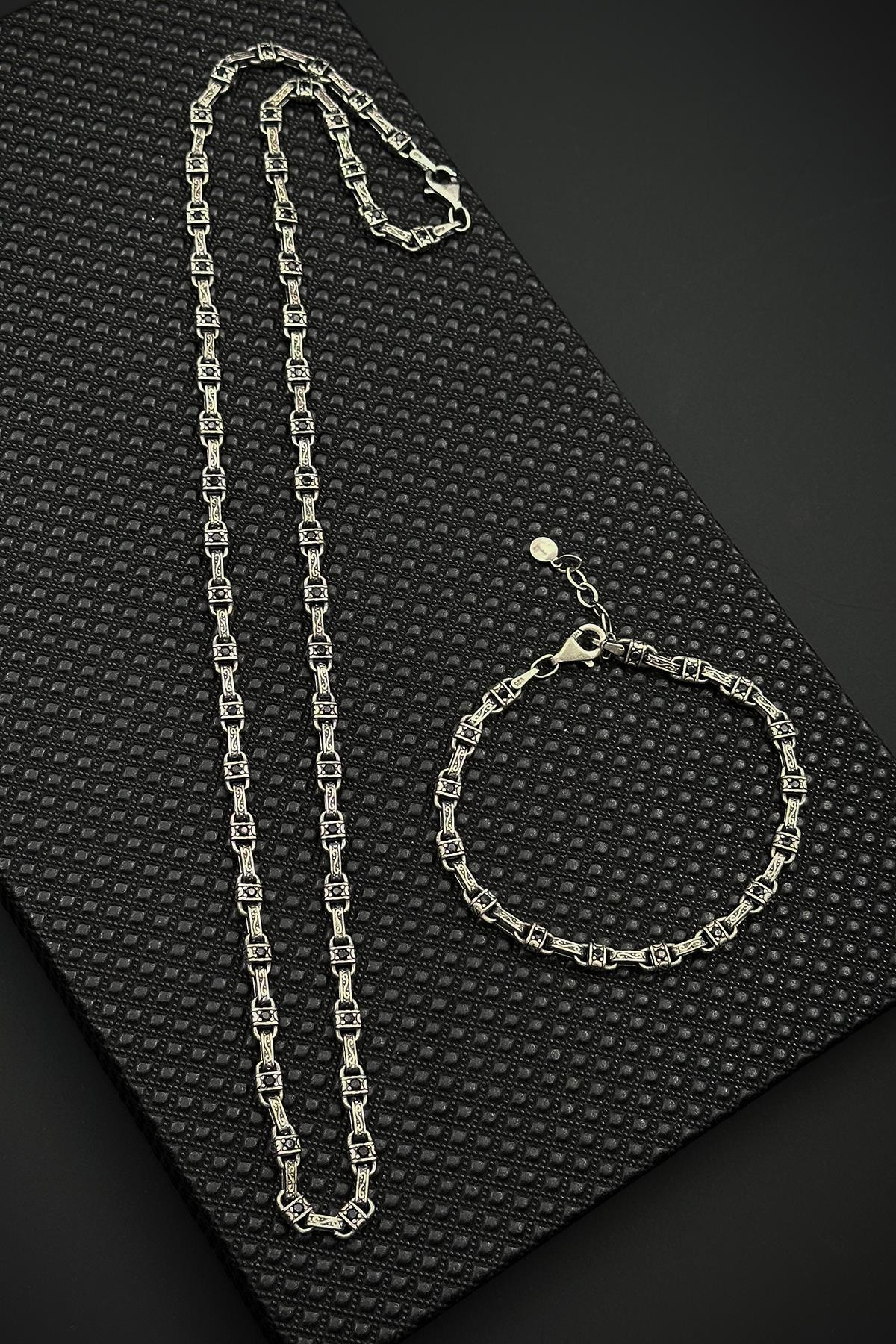 FRNCH 925 Ayar Gümüş İtalyan Model Gümüş Renk Erkek Bileklik/Kolye Set FRJ12618-3618-A