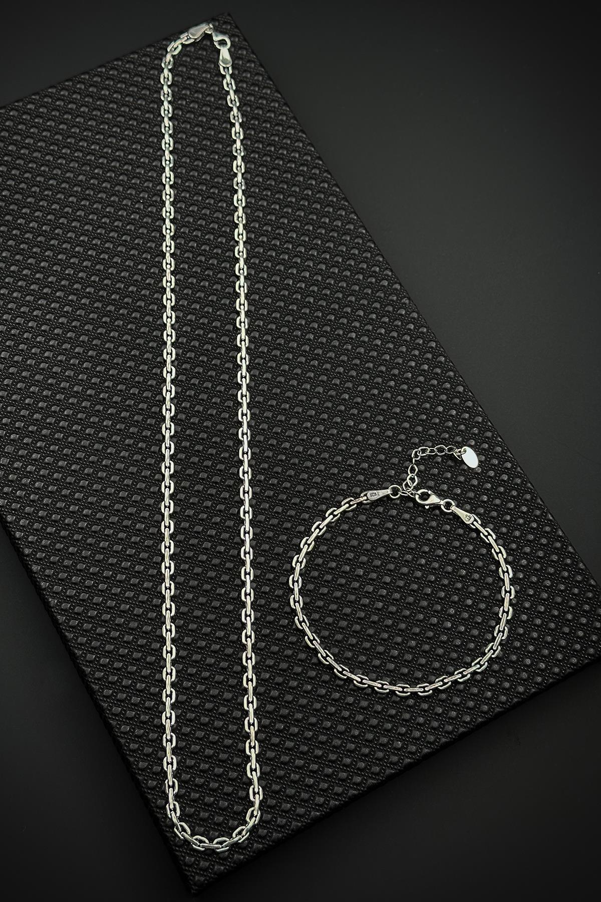 FRNCH 925 Ayar Gümüş italyan Model Gümüş Renk Erkek Bileklik/Kolye Set FRJ12634-3634-A