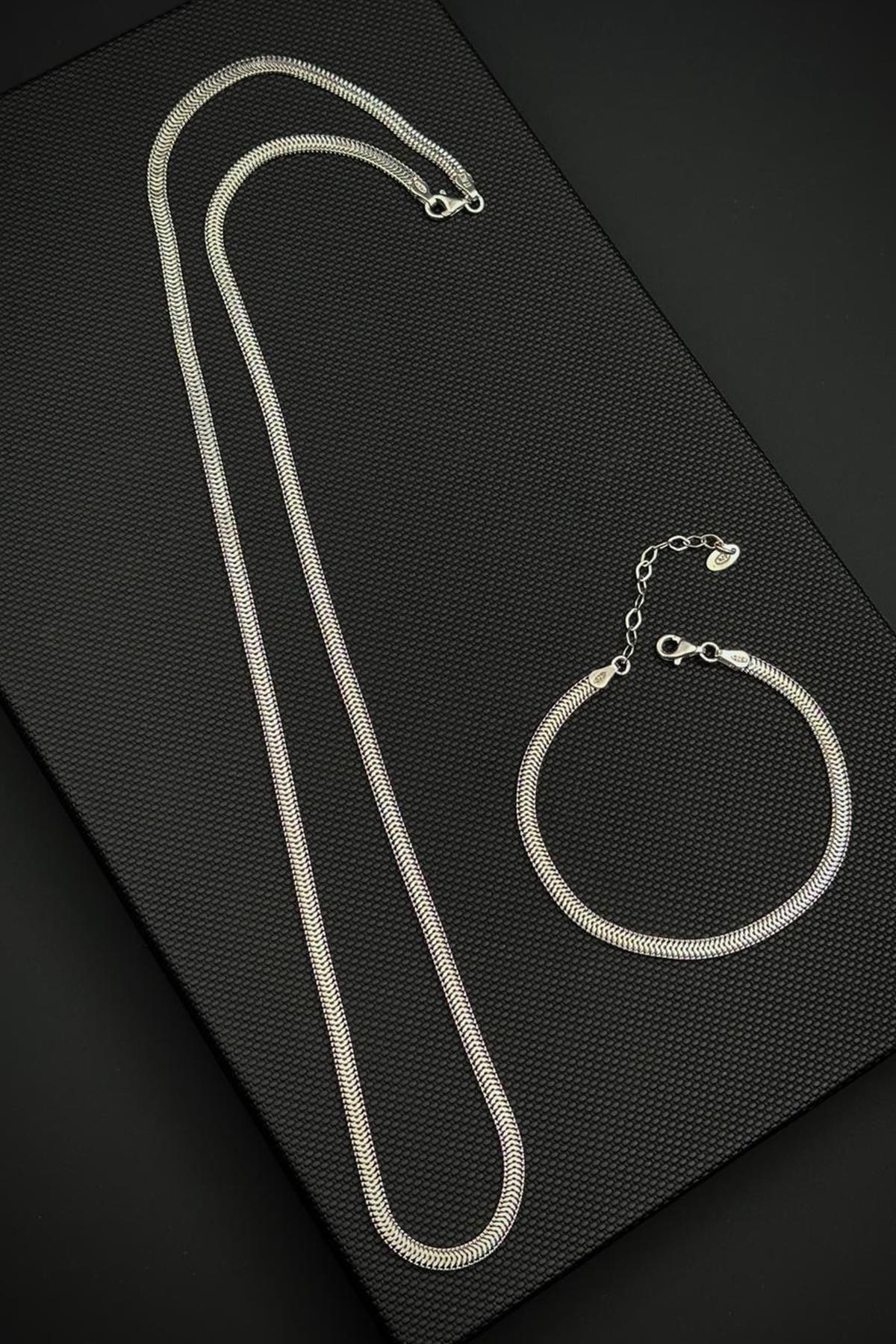 FRNCH 925 Ayar Gümüş İtalyan Model Gümüş Renk Erkek Bileklik/Kolye Set FRJ12809-3809-A