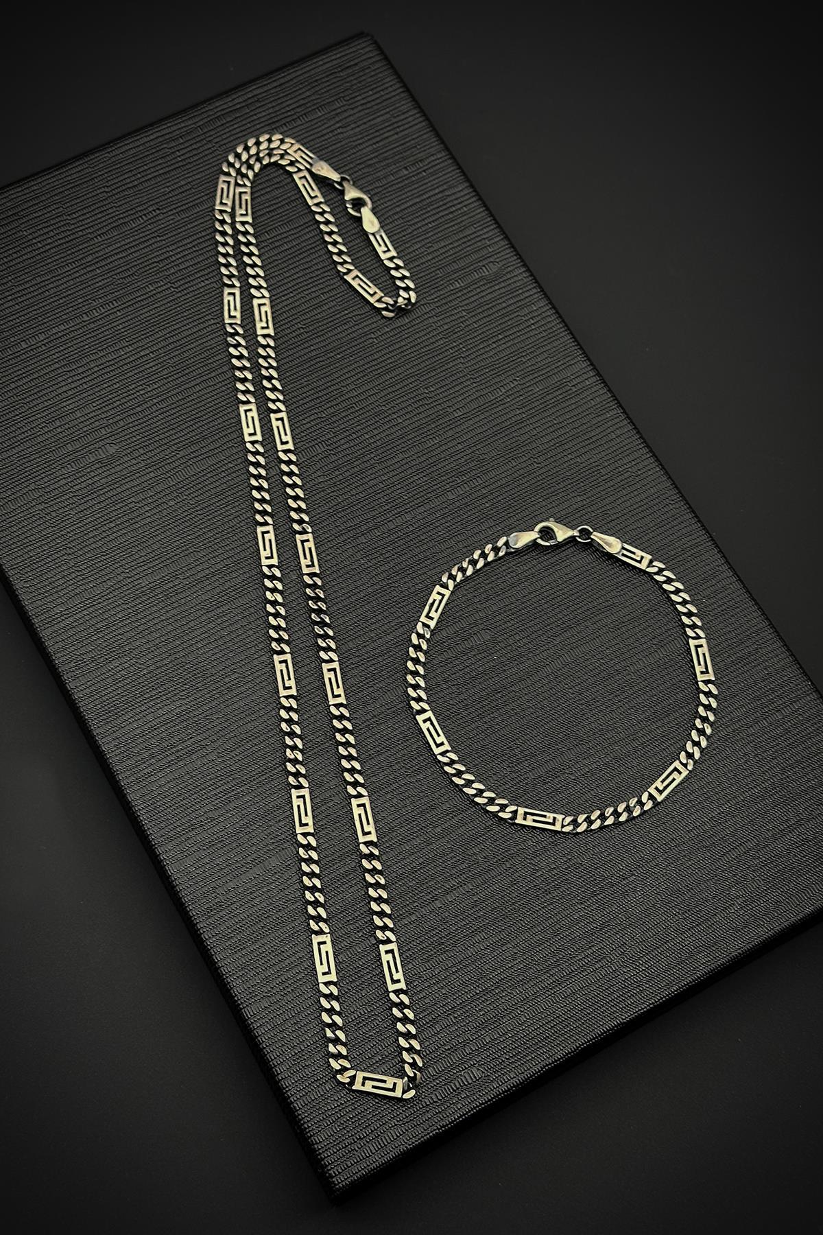 FRNCH 925 Ayar Gümüş İtalyan Model Gümüş Renk Erkek Bileklik/Kolye Set FRJ40171-271-A