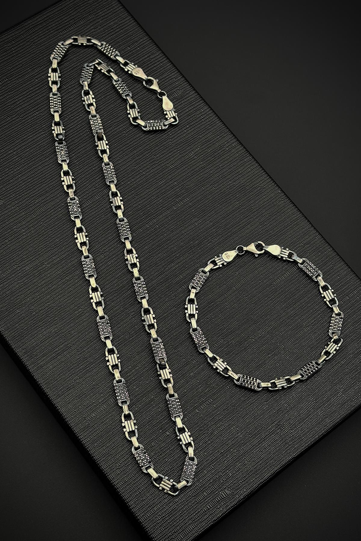 FRNCH 925 Ayar Gümüş İtalyan Model Gümüş Renk Erkek Bileklik/Kolye Set FRJ40187-287-A