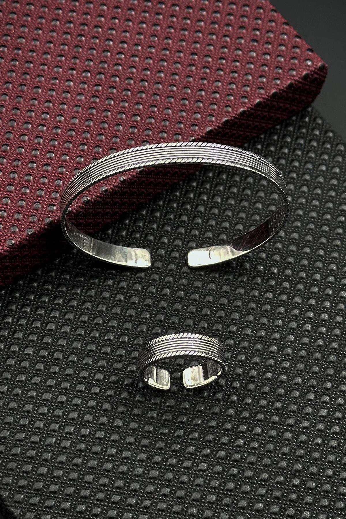 FRNCH 925 Ayar Gümüş İtalyan Model Gümüş Renk Erkek Bileklik/Yüzük Set FRJ12661-3661-A