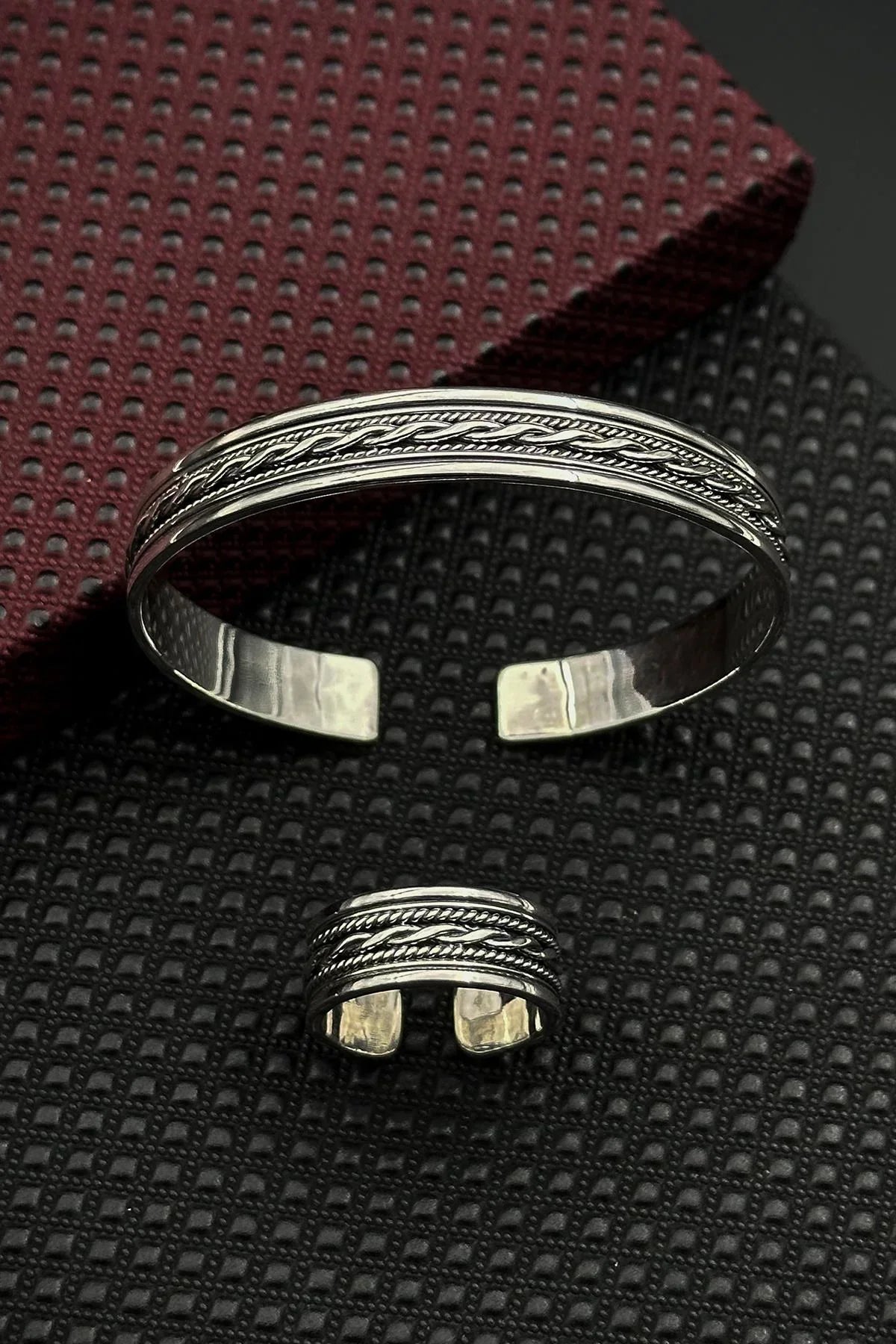 FRNCH 925 Ayar Gümüş İtalyan Model Gümüş Renk Erkek Bileklik/Yüzük Set FRJ12661-3661-A3