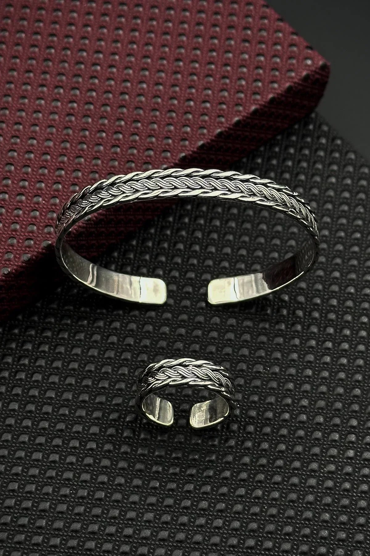 FRNCH 925 Ayar Gümüş İtalyan Model Gümüş Renk Erkek Bileklik/Yüzük Set FRJ12661-3661-A5