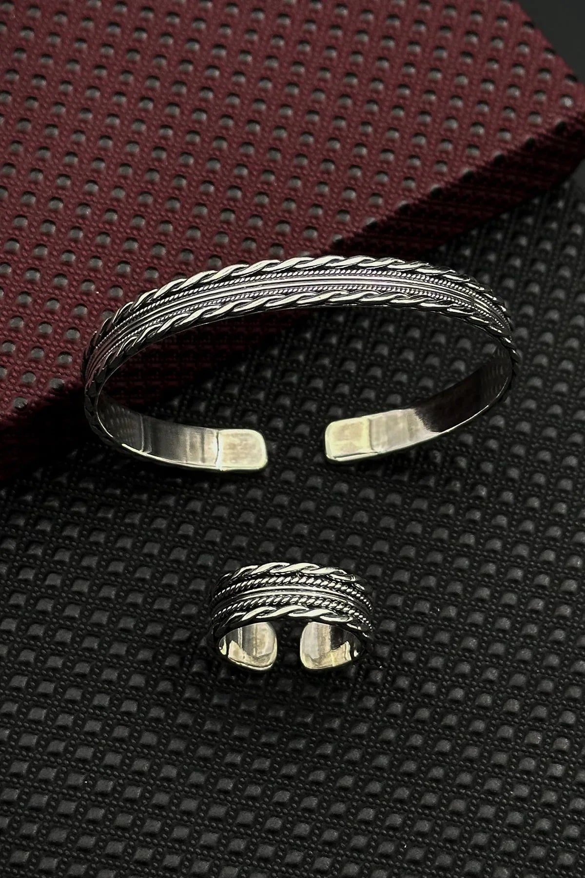 FRNCH 925 Ayar Gümüş İtalyan Model Gümüş Renk Erkek Bileklik/Yüzük Set FRJ12661-3661-A6