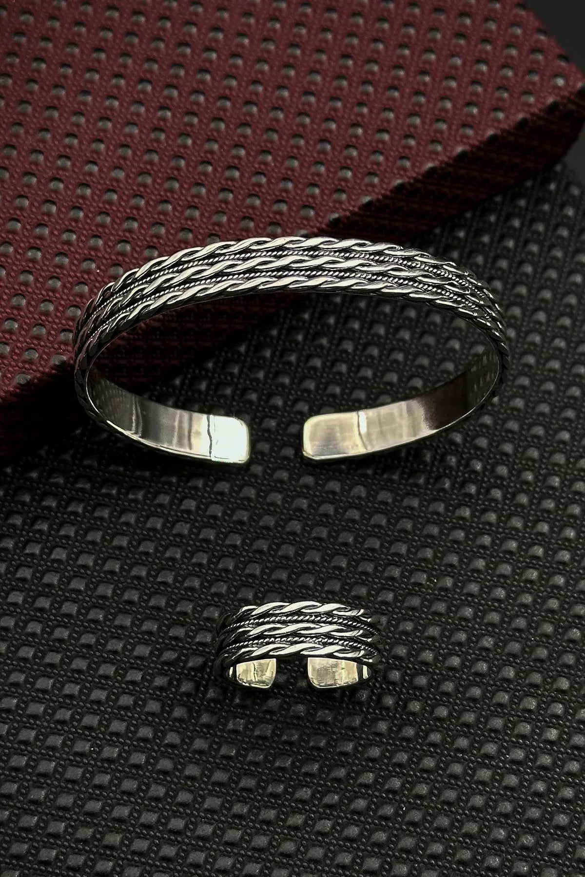 FRNCH 925 Ayar Gümüş İtalyan Model Gümüş Renk Erkek Bileklik/Yüzük Set FRJ12661-3661-A7