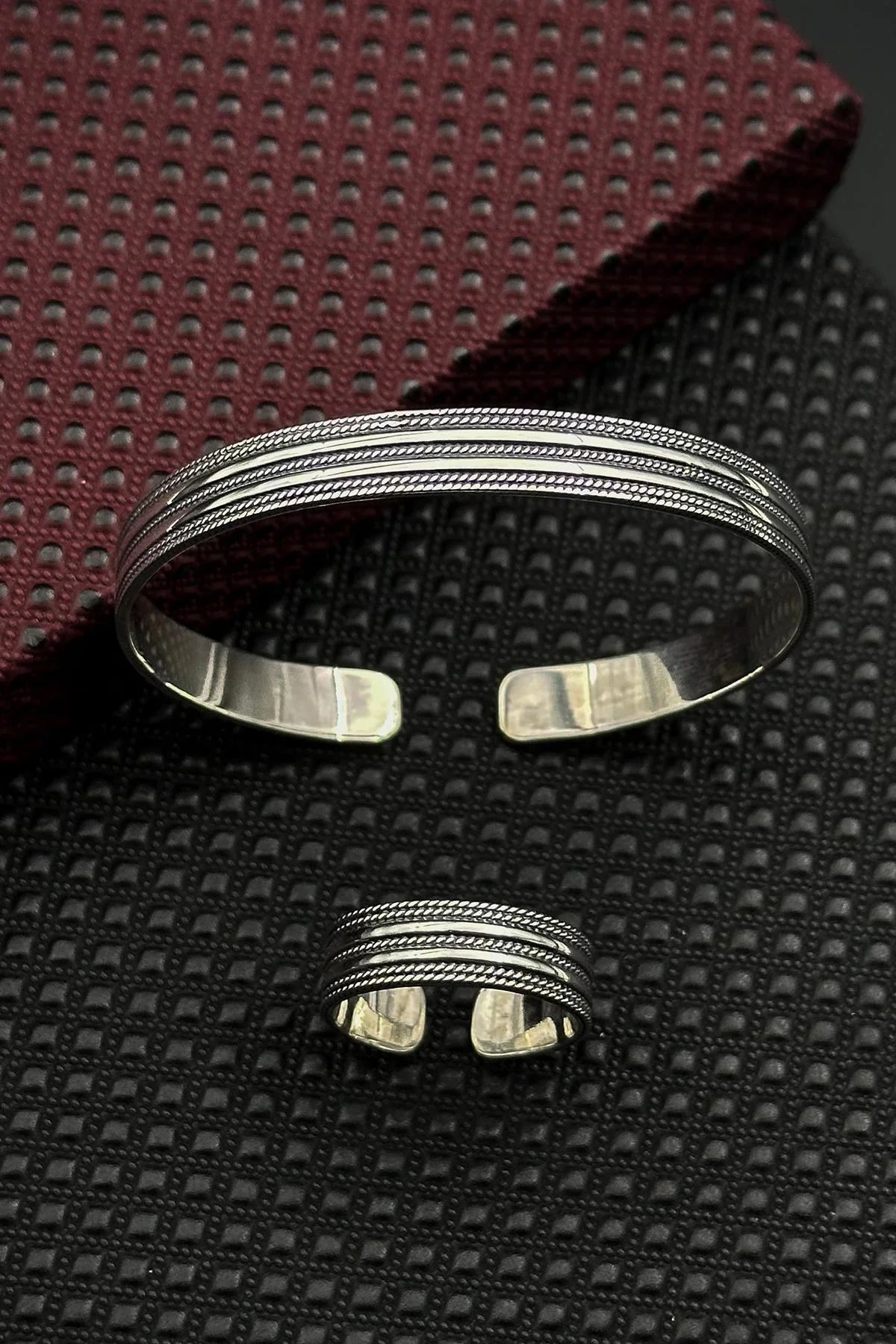 FRNCH 925 Ayar Gümüş İtalyan Model Gümüş Renk Erkek Bileklik/Yüzük Set FRJ12661-3661-A8