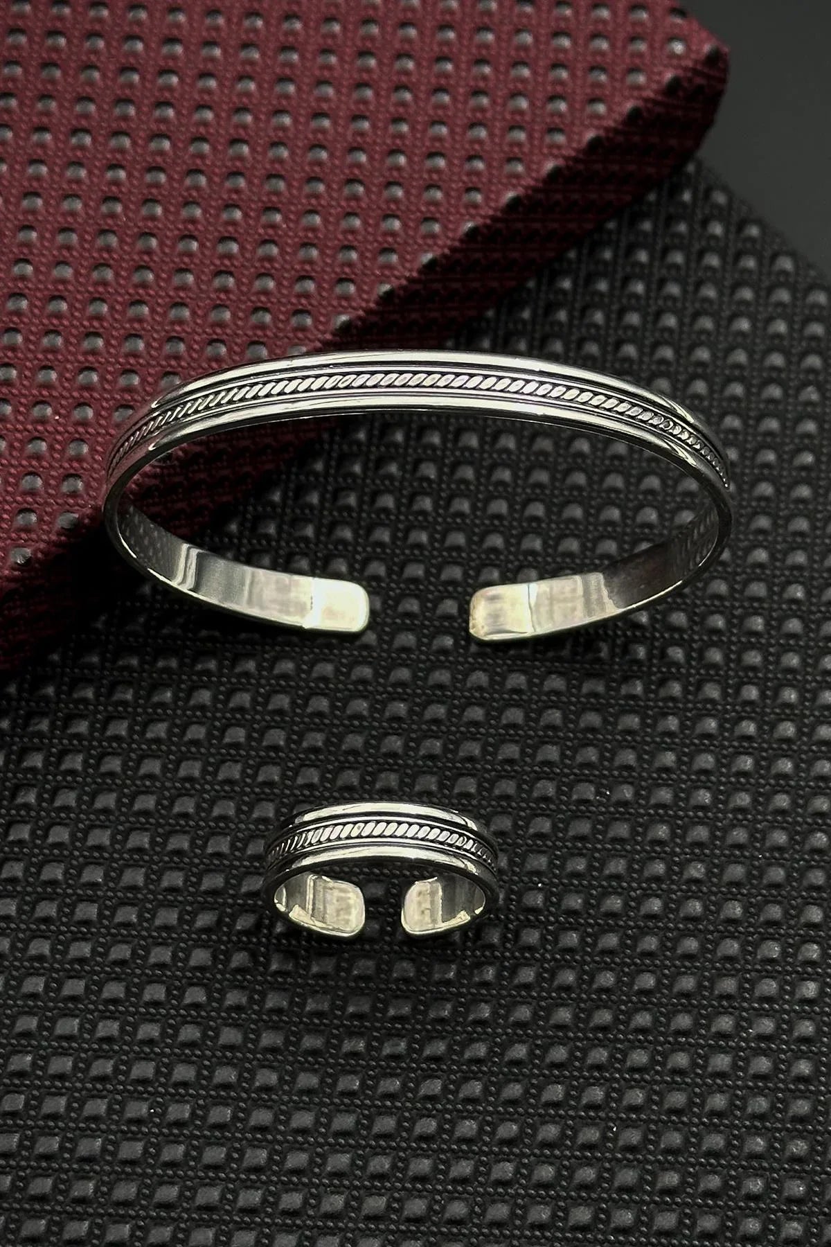 FRNCH 925 Ayar Gümüş İtalyan Model Gümüş Renk Erkek Bileklik/Yüzük Set FRJ12661-3661-A9