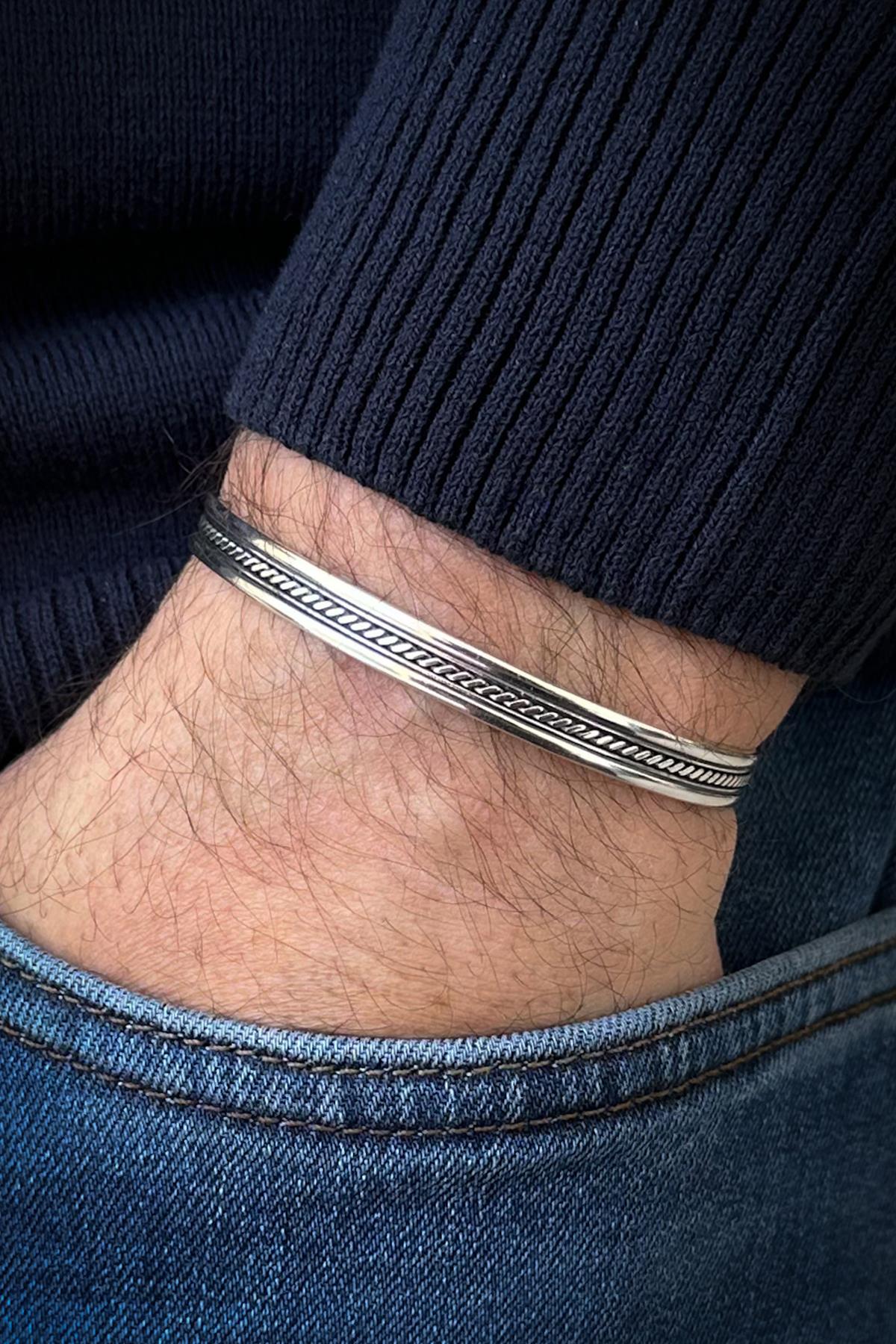 FRNCH 925 Ayar Gümüş italyan Model Gümüş Renk Erkek Kelepçe Bileklik FRJ12554-3554-A2