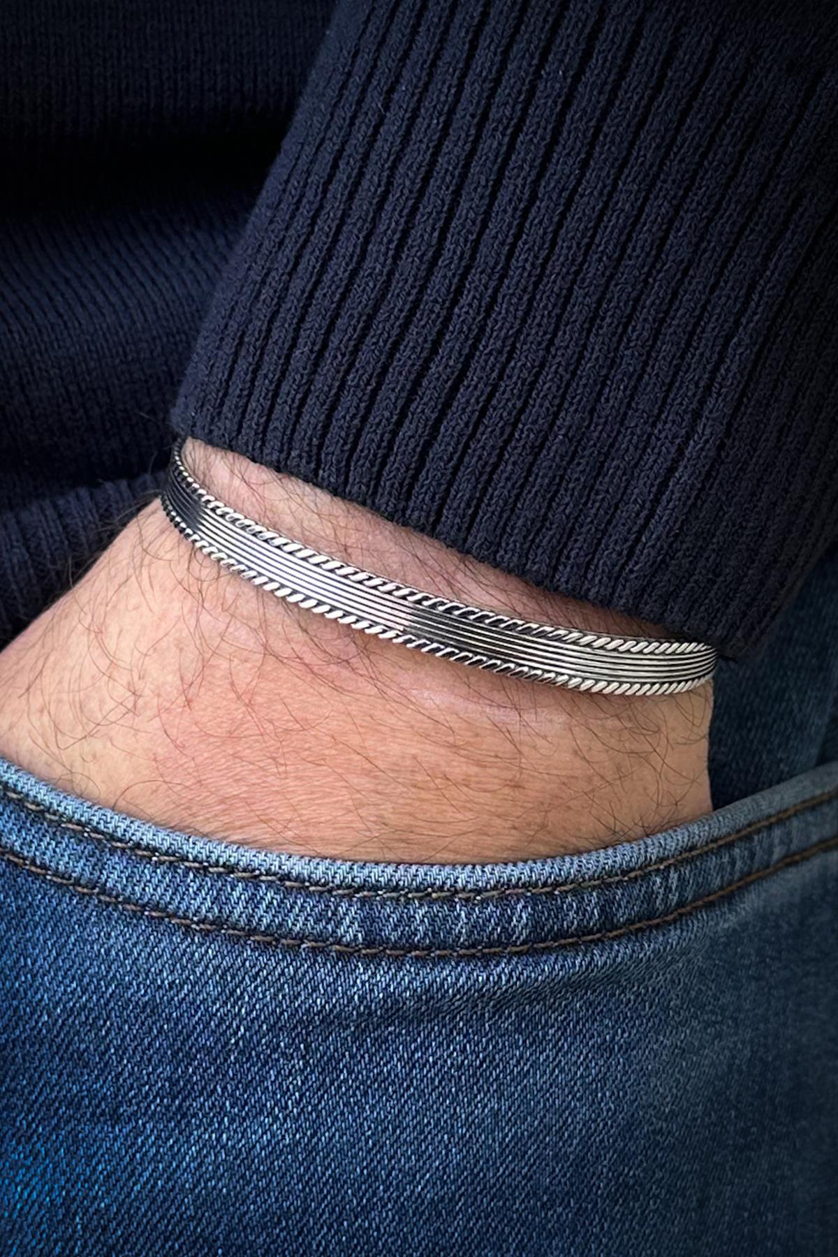 FRNCH 925 Ayar Gümüş italyan Model Gümüş Renk Erkek Kelepçe Bileklik FRJ12554-3554-A3