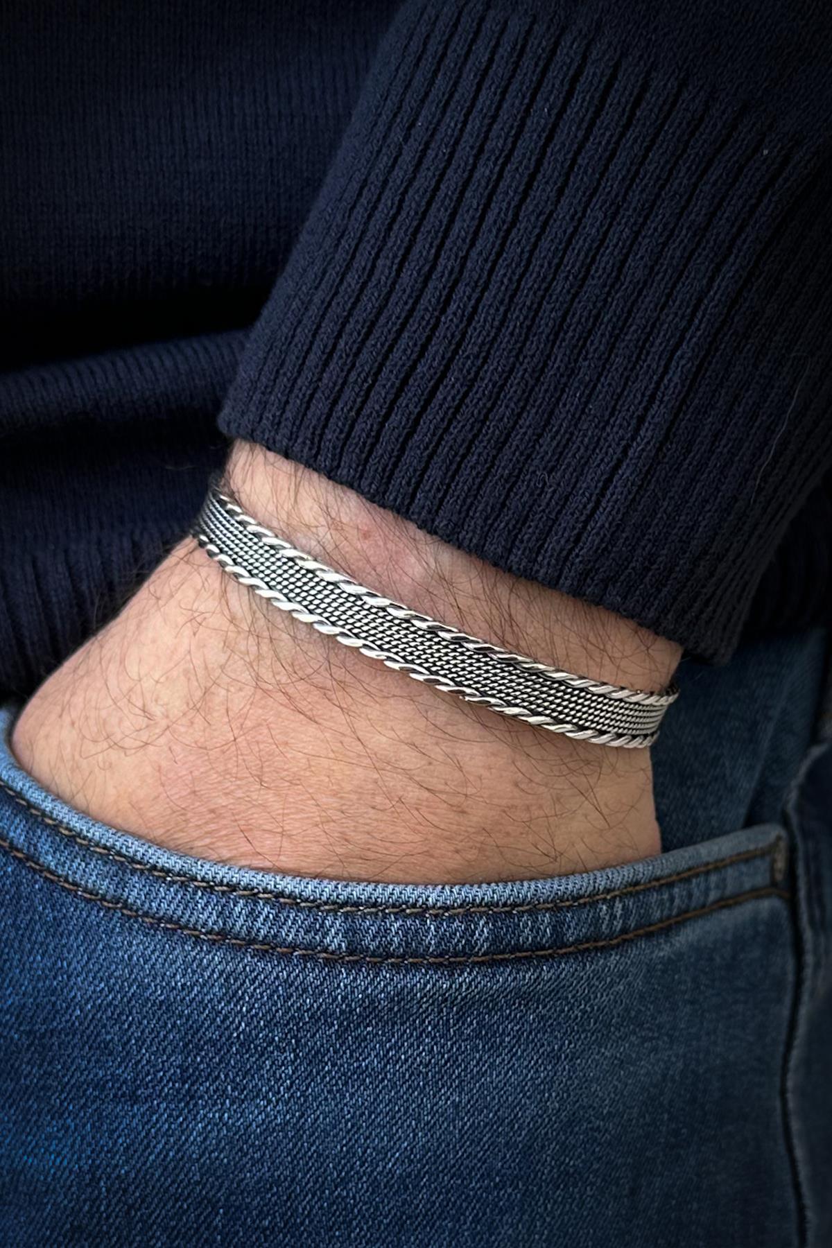 FRNCH 925 Ayar Gümüş italyan Model Gümüş Renk Erkek Kelepçe Bileklik FRJ12554-3554-A6