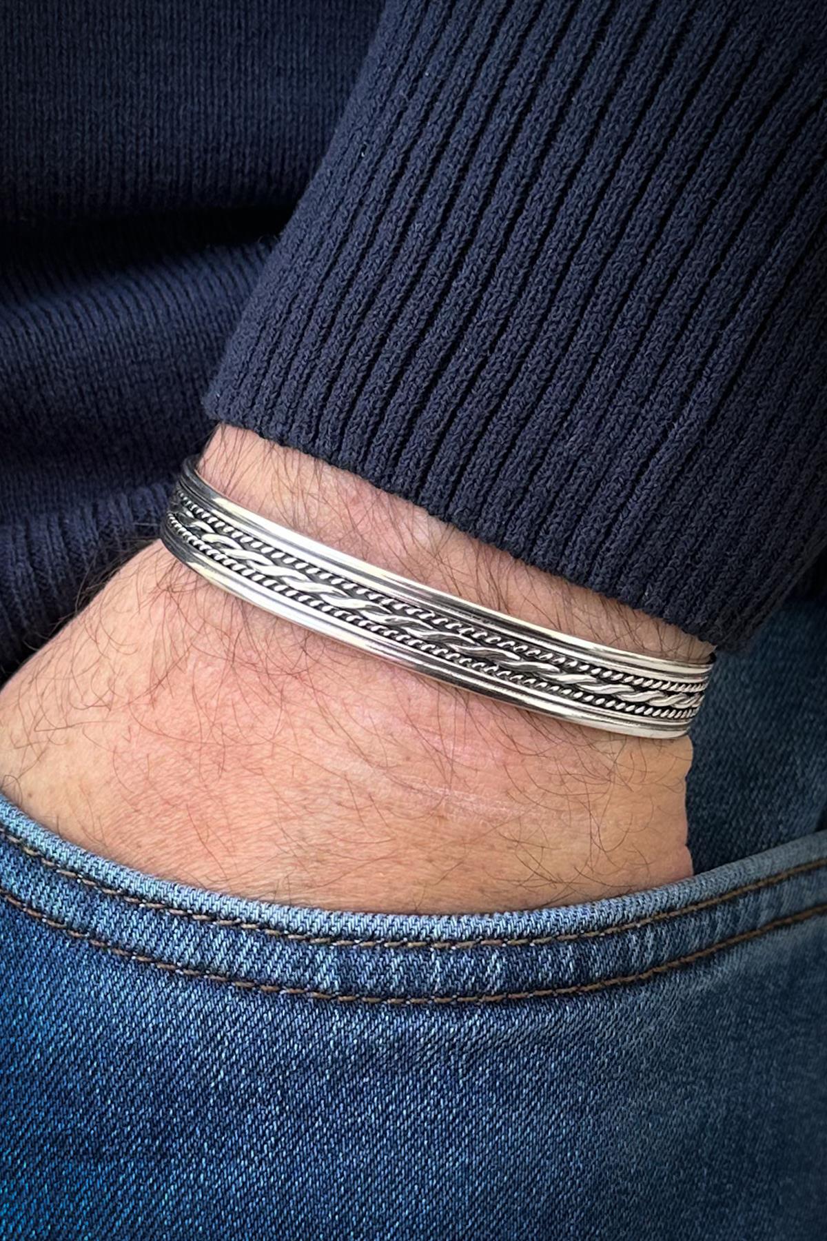 FRNCH 925 Ayar Gümüş italyan Model Gümüş Renk Erkek Kelepçe Bileklik FRJ12554-3554-A7