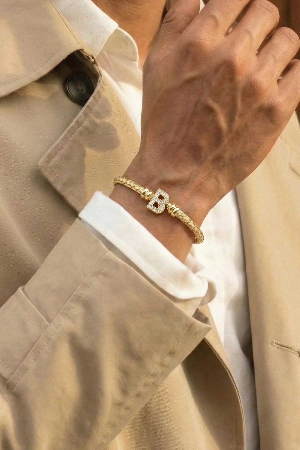 FRNCH 925 Ayar Gümüş İtalyan Model Harfli Altın Renk Erkek Bileklik FRJ12813-3813-G