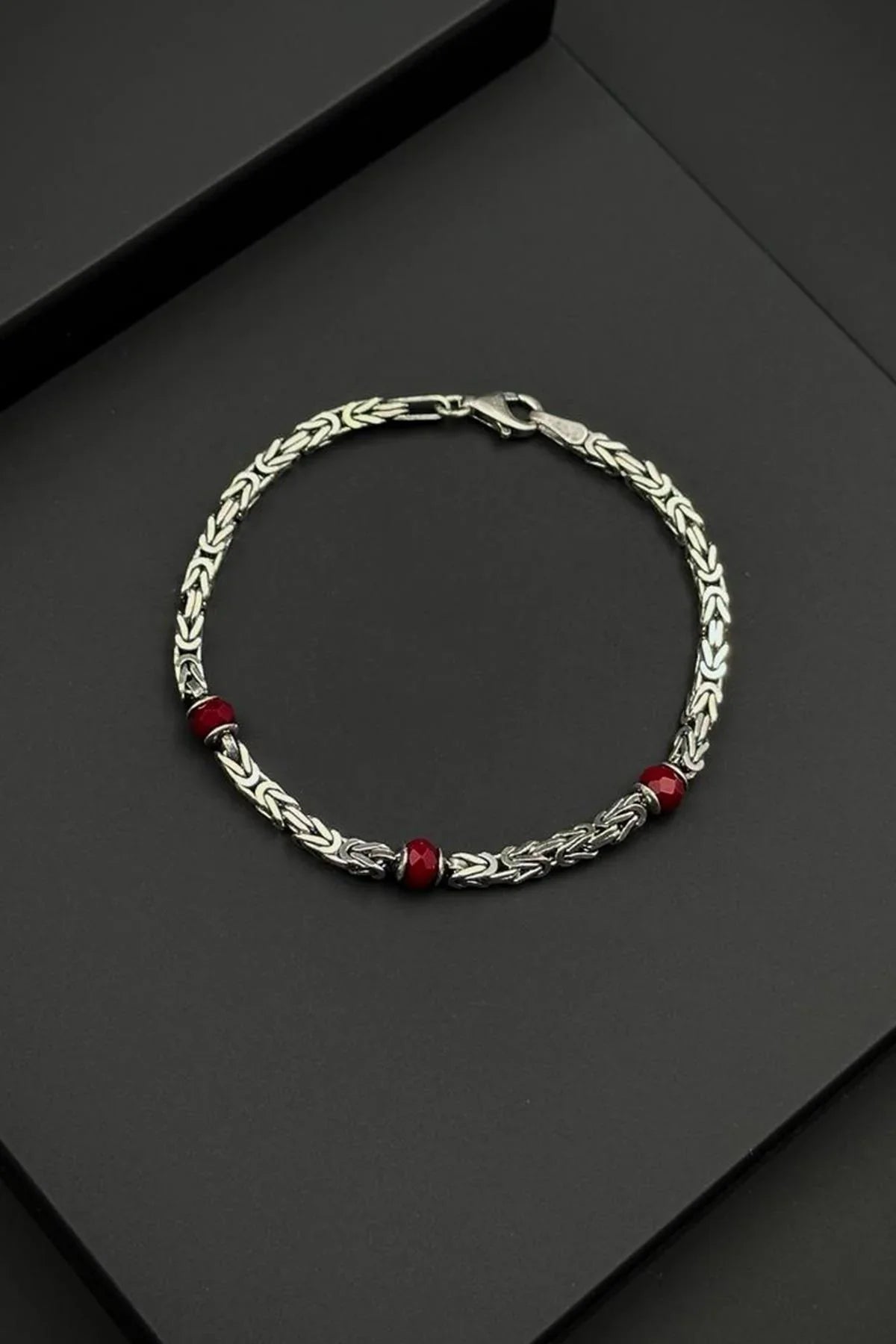 FRNCH 925 Ayar Gümüş İtalyan Model Kırmızı Zirkon Taşlı Gümüş Renk Erkek Bileklik FRJ12731-3731-K