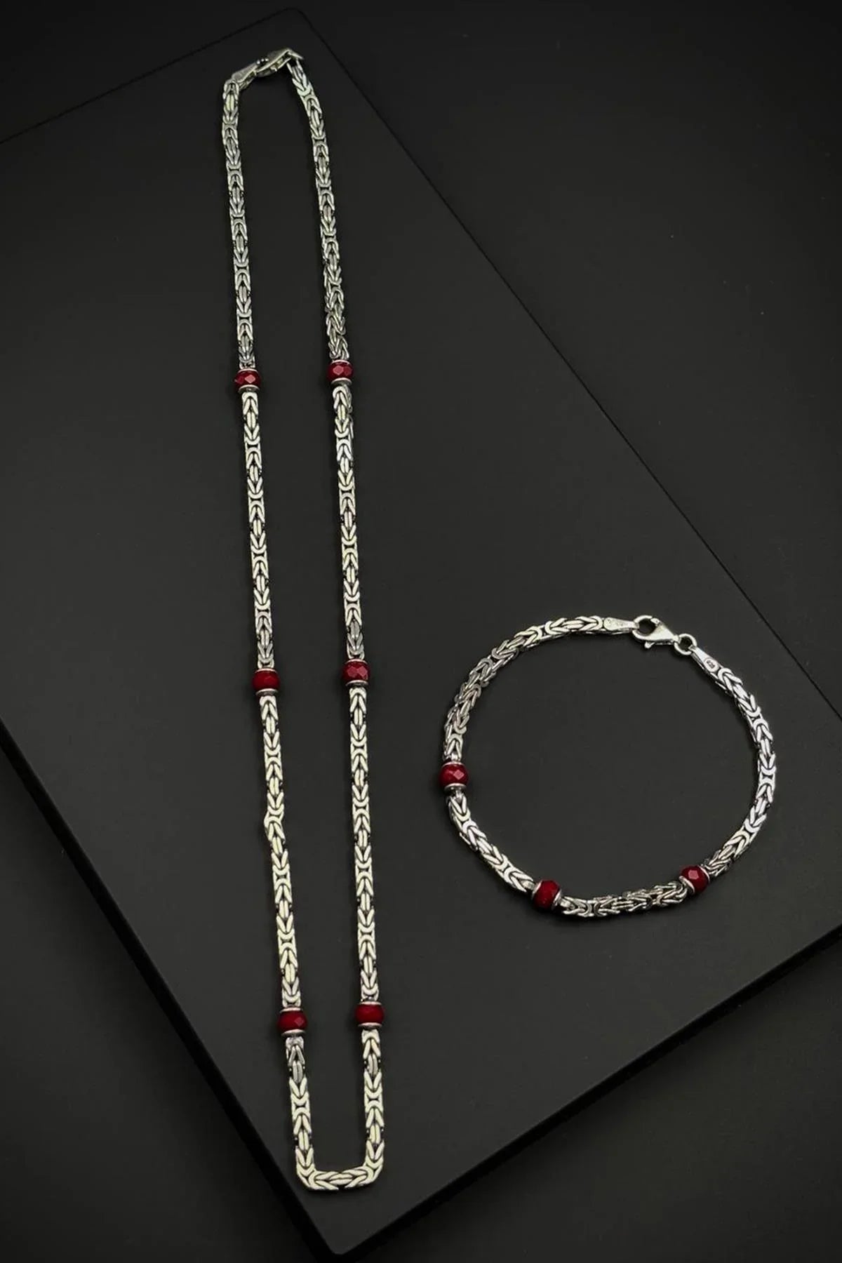 FRNCH 925 Ayar Gümüş İtalyan Model Kırmızı Zirkon Taşlı Gümüş Renk Erkek Bileklik/Kolye Set FRJ12730-3730-K