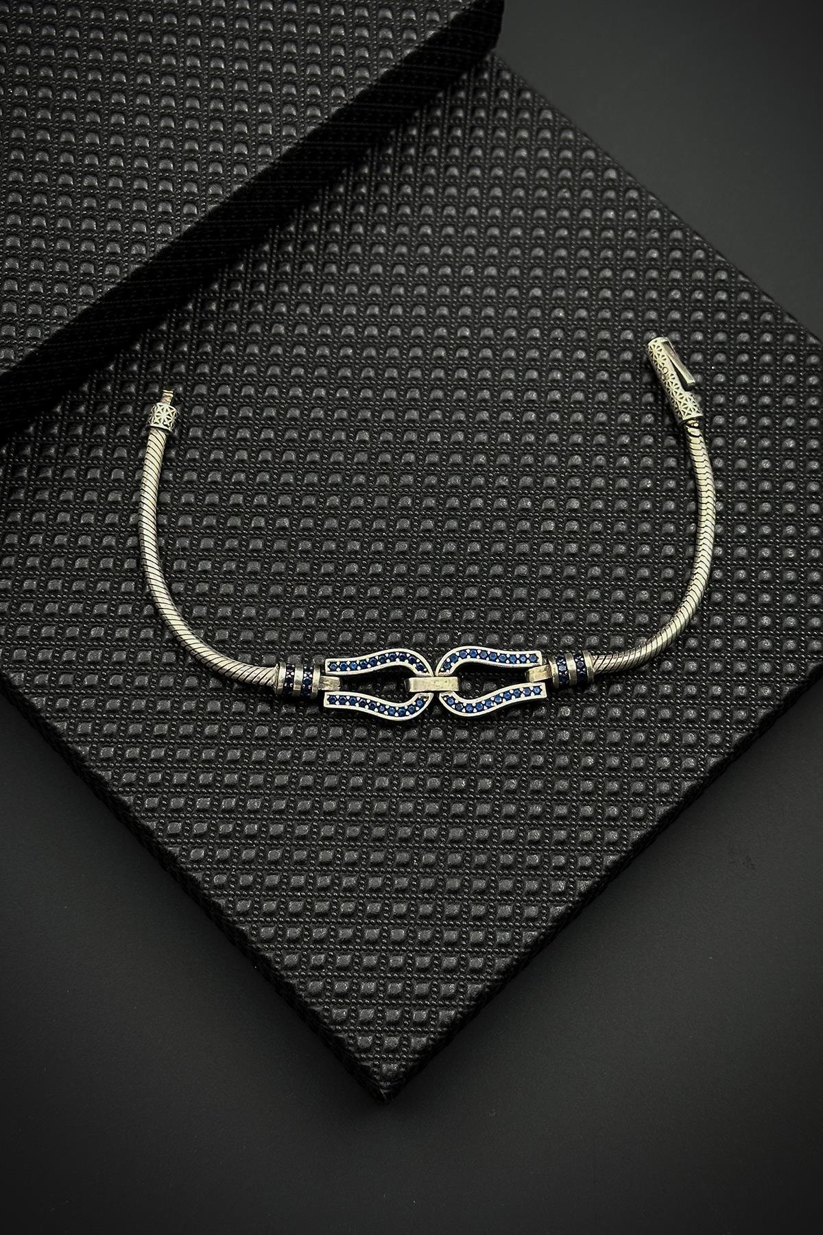 FRNCH 925 Ayar Gümüş İtalyan Model Lacivert Zirkon Taşlı Erkek Bileklik FRJ12614-3614-L