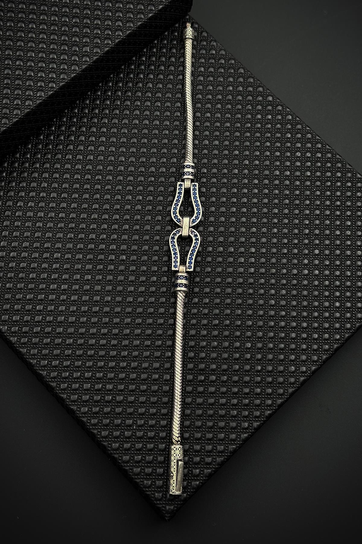 FRNCH 925 Ayar Gümüş İtalyan Model Lacivert Zirkon Taşlı Erkek Bileklik FRJ12614-3614-L