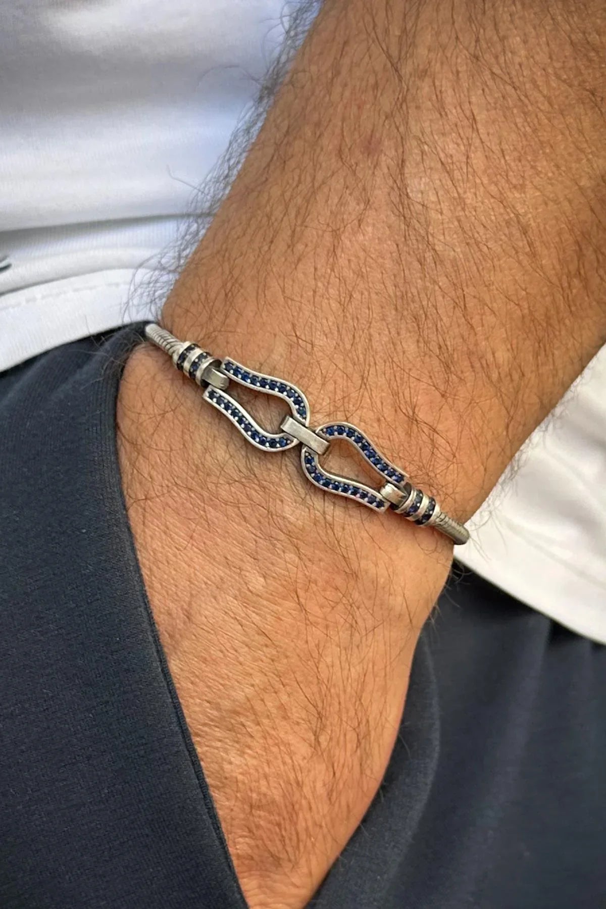 FRNCH 925 Ayar Gümüş İtalyan Model Lacivert Zirkon Taşlı Erkek Bileklik FRJ12614-3614-L