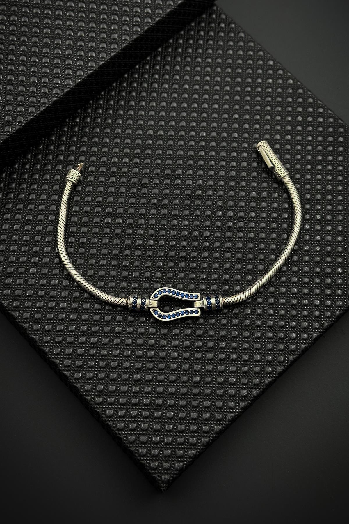 FRNCH 925 Ayar Gümüş İtalyan Model Lacivert Zirkon Taşlı Erkek Bileklik FRJ12615-3615-L