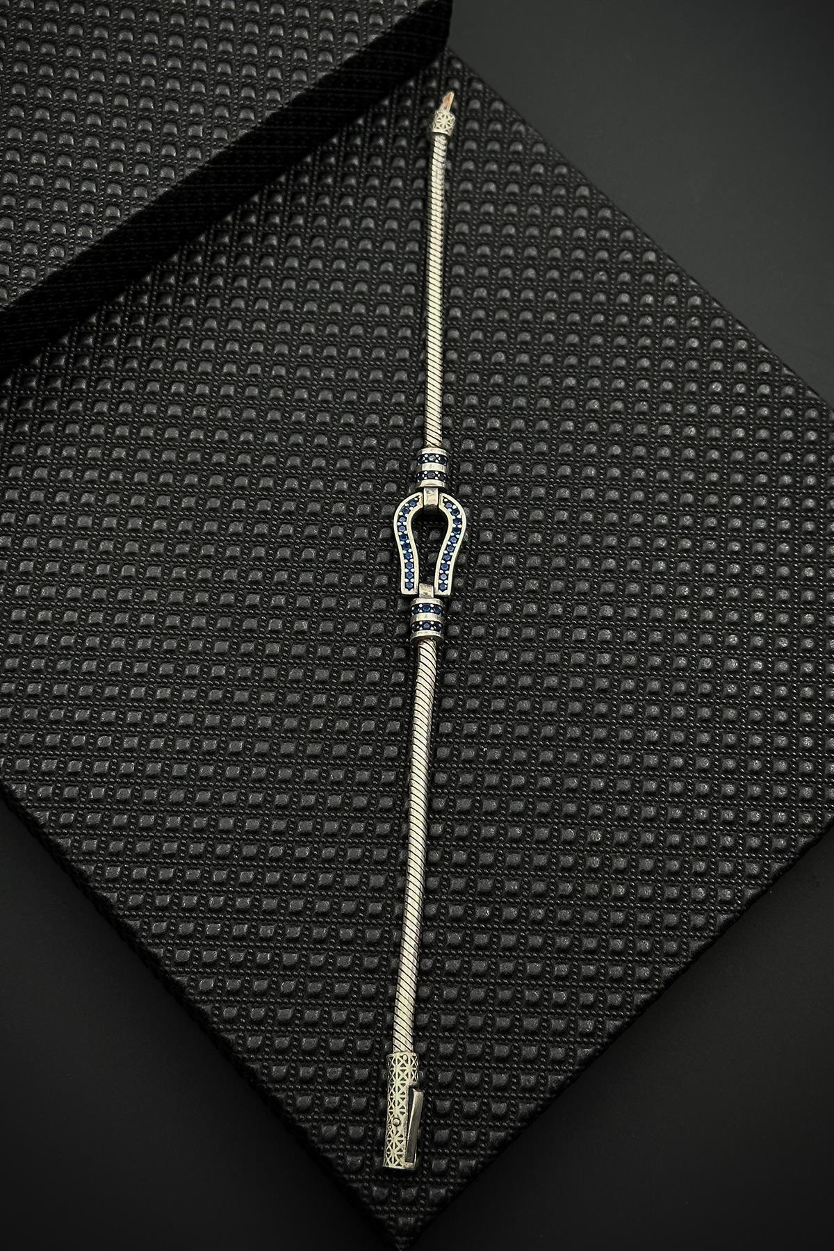 FRNCH 925 Ayar Gümüş İtalyan Model Lacivert Zirkon Taşlı Erkek Bileklik FRJ12615-3615-L