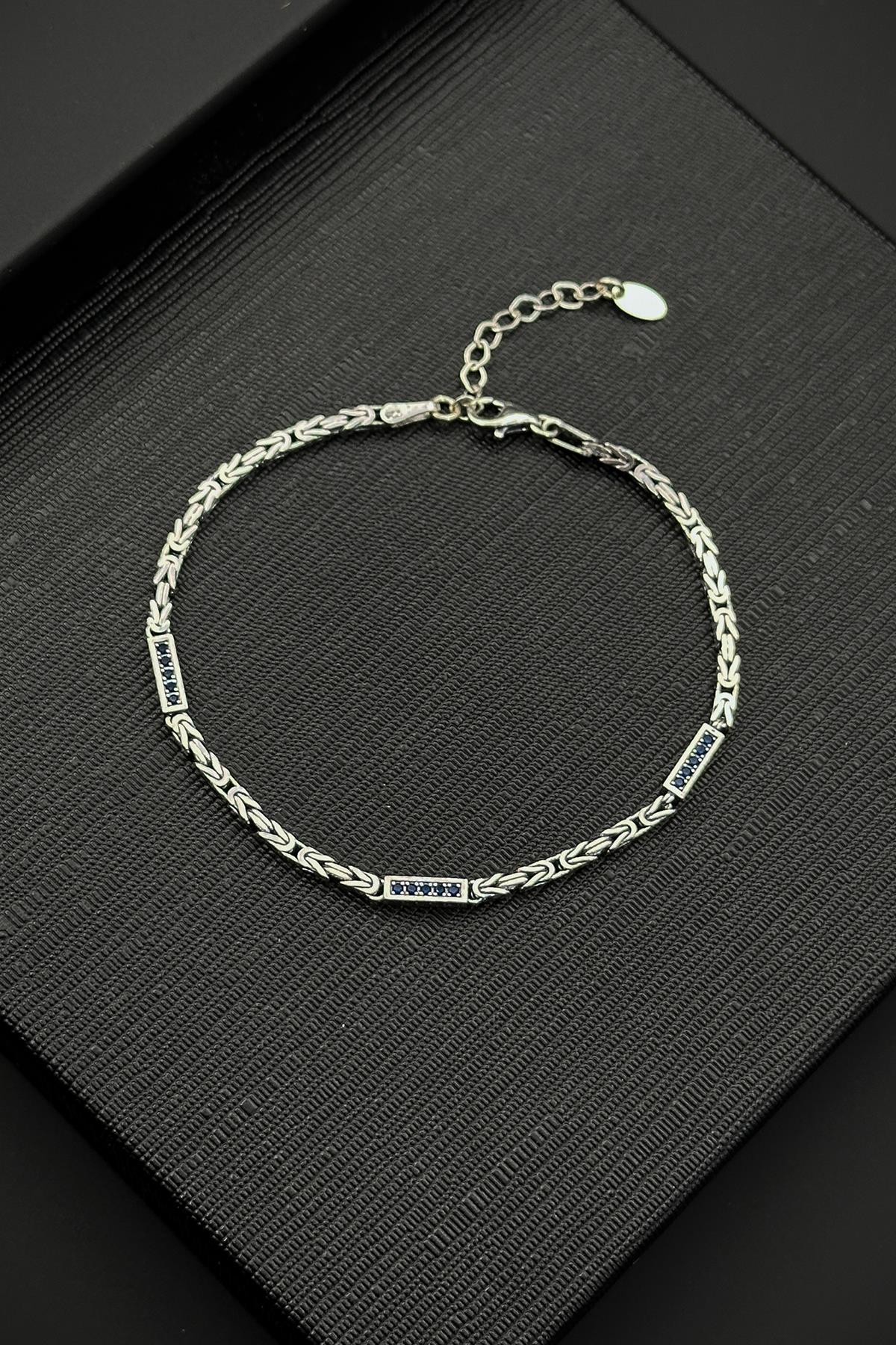 FRNCH 925 Ayar Gümüş İtalyan Model Lacivert Zirkon Taşlı Gümüş Renk Erkek Bileklik FRJ12476-3476-L